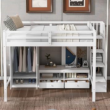 RUNNA Full Size Wood Loft Bed Frame with Wardrobe,Low Storage Table and Storage Staircase,Bedrooms for Kids and Teens White@207