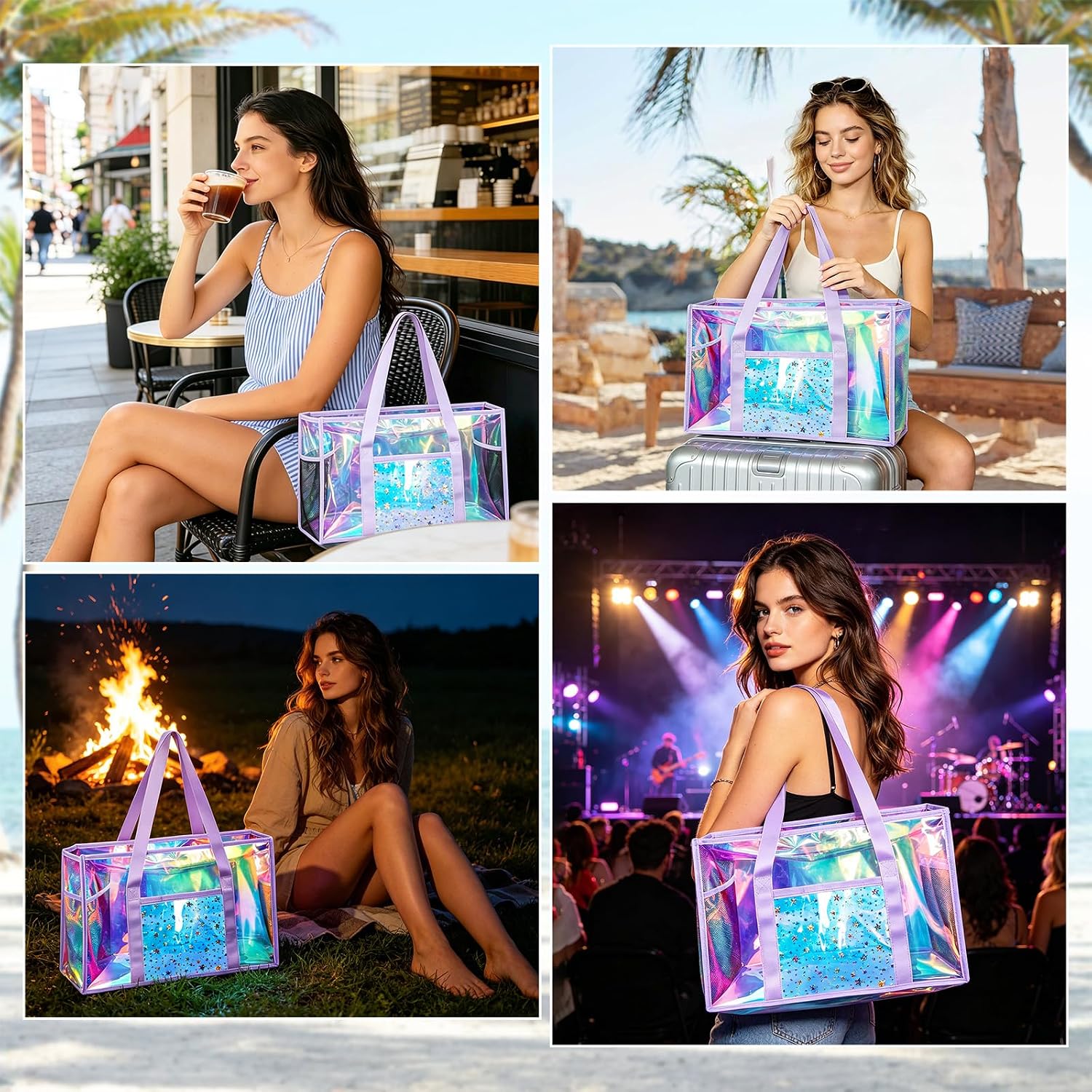 Clear Beach Tote Bag, Large Holographic Waterproof Beach Bag with Waterproof Phone Pouch, Sandproof Foldable Pool Tote Bag for Women Girls, Summer Tote for Beach Pool Travel Cruise Vacation