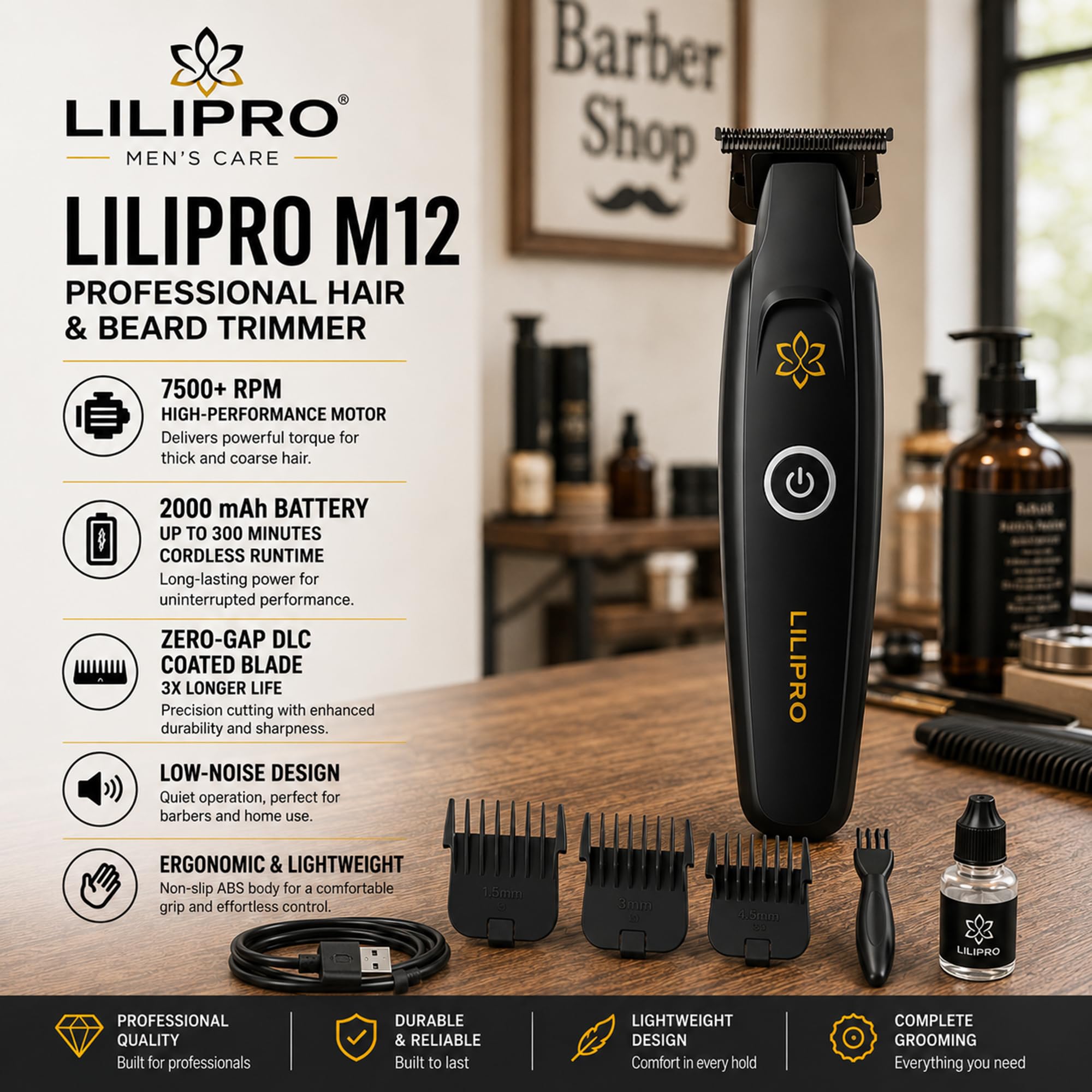 M12 Tagliacapelli Professionale Uomo e Regolabarba | Trimmer Professionale Capelli e Barba con Lama T DLC Zero Gap, 7500+ RPM, Ricarica USB-C, Batteria 2000 mAh, Silenzioso e Preciso