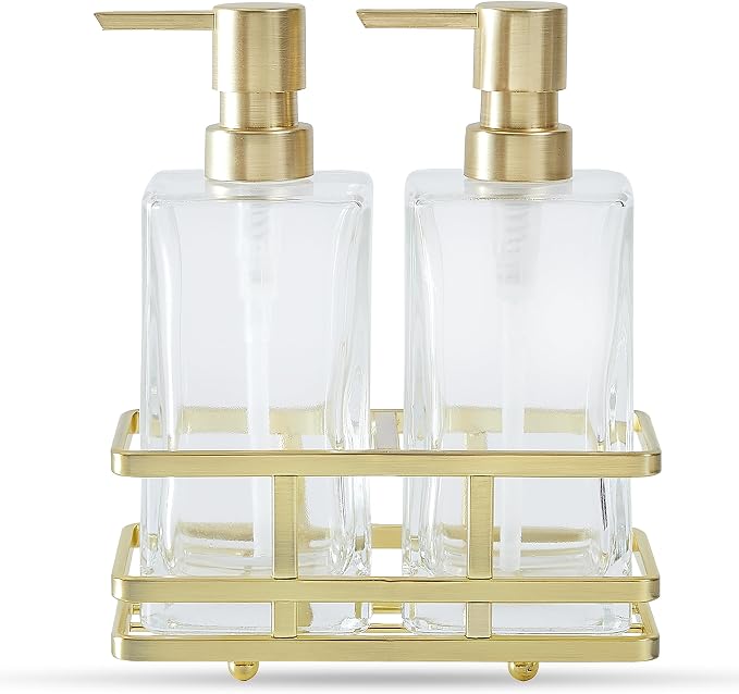 Square Glass Clear Lotion and Soap Pump Dispenser Set with Metal Stand Caddy for Bathroom Bath Kitchen Home Office Travel Hotel Hand Crafted Heavy Weight (Brushed Gold)