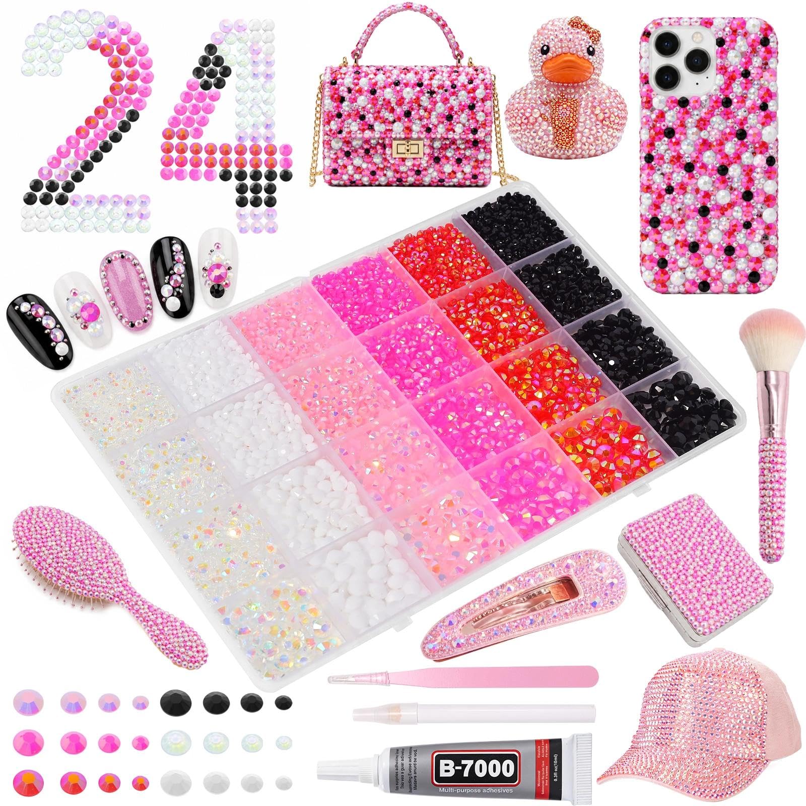24Grid White Pink Black Red Clear Flatback Gems Bedazzling Kit