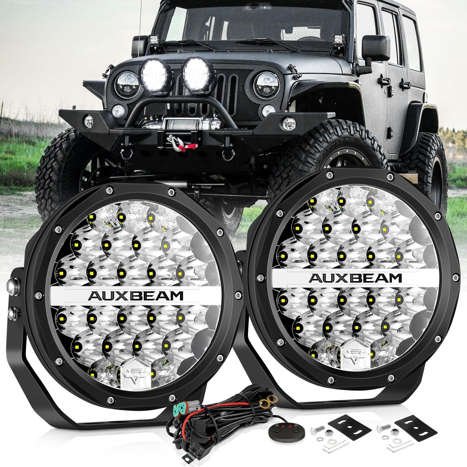 Round LED Offroad Lights, 7 Inch 240W Spot Driving Light Pods with DRL 24000LM Super Bright Off Road Ditch Work Light Bar with DT Wiring Harness for Wrangler Ford Chevy Truck SUV