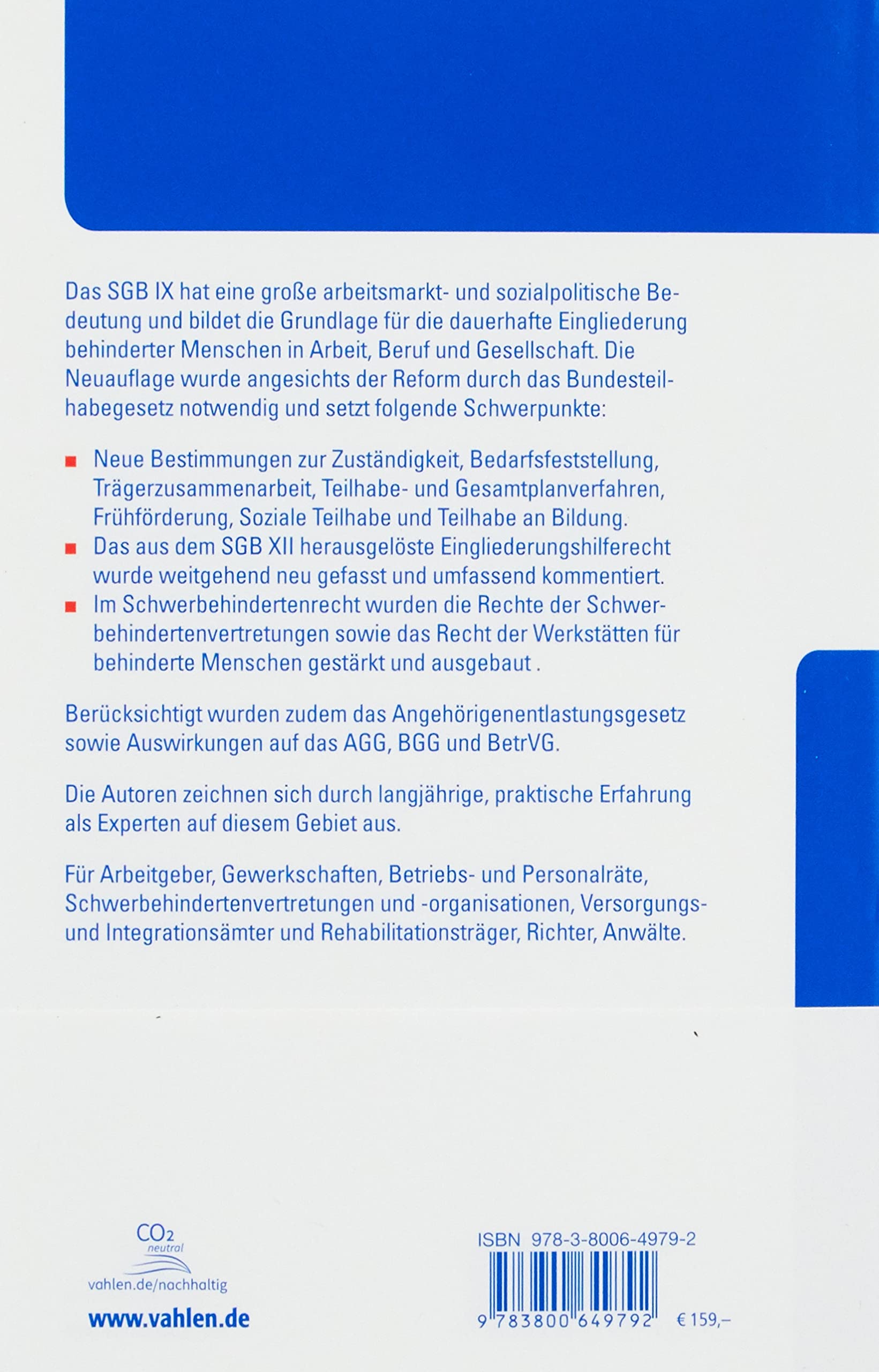 SGB IX - Kommentar zum Recht behinderter Menschen: mit Erläuterungen zum AGG und BGG (Vahlens Kommentare)
