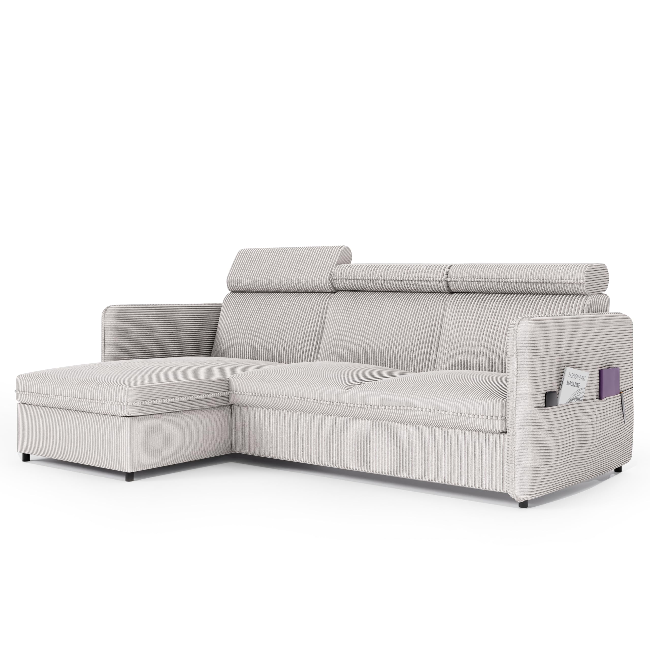 Canapé D'Angle Convertible 220x160cm IDOHOME - Velours Côtelé - Avec Rangement Et Lit - Posable à Gauche/Droite