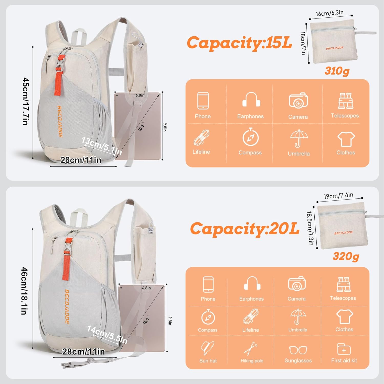 15L Small Hiking Backpack for Men Women Foldable Packable Back Pack Ultralight Hiking Daypack for Travel Camping Outdoor, Beige - Image 4