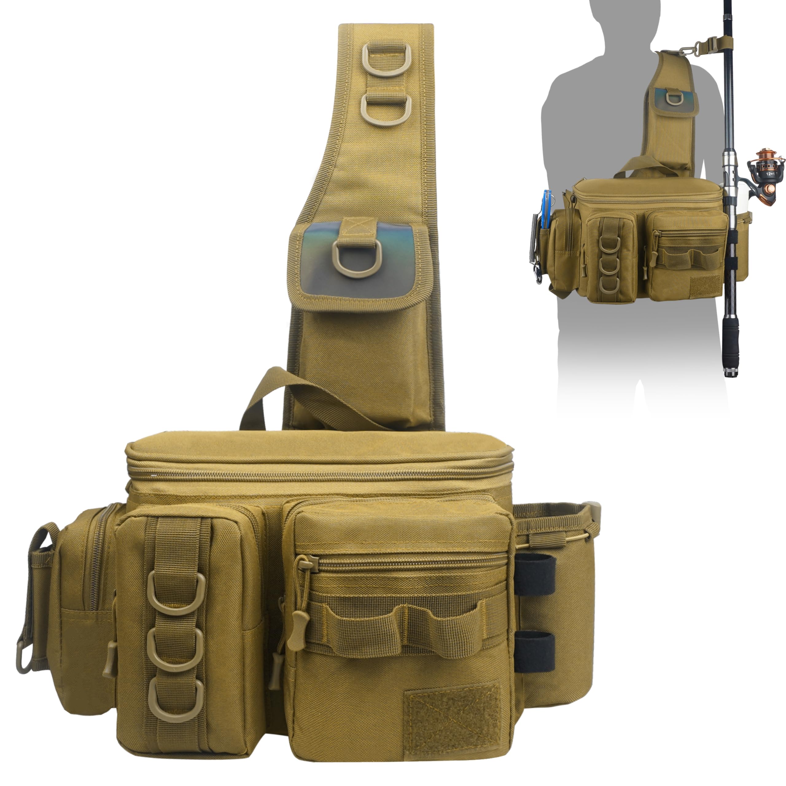 OROOTL Borsa a tracolla da pesca con supporto per canna, zaino da pesca portatile, leggero, impermeabile, borsa a tracolla per attrezzi da pesca, per uomini e donne, regalo