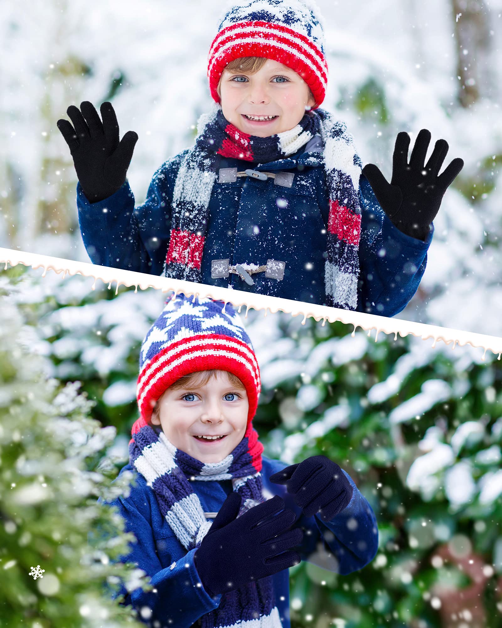 3 Paires Gants en Molleton à Doigts Complets Enfant Mitaines Chauds Hiver
