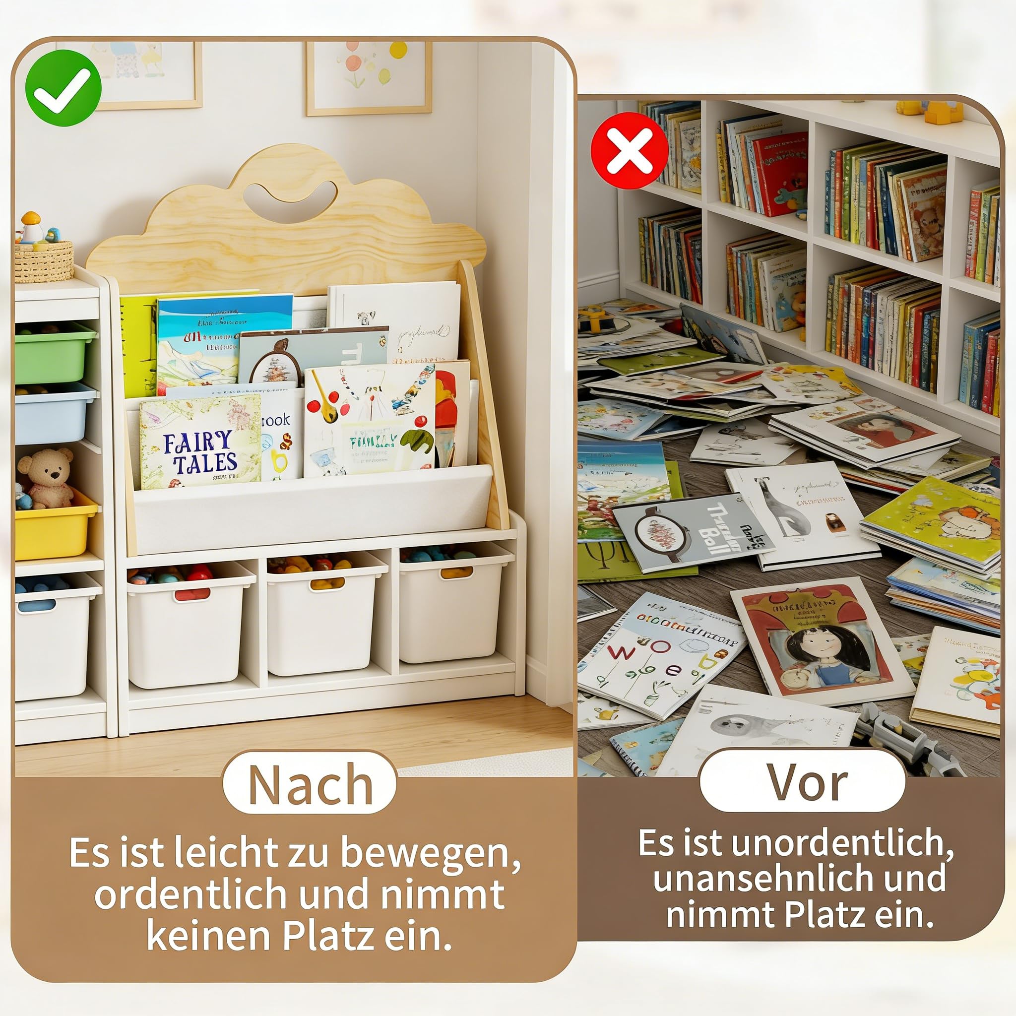 CEWROM Montessori Bibliothèque en bois pour enfants, double face avec poches en toile robuste, portable avec poignée, pour chambre d'enfant, salle de jeux et maternelle