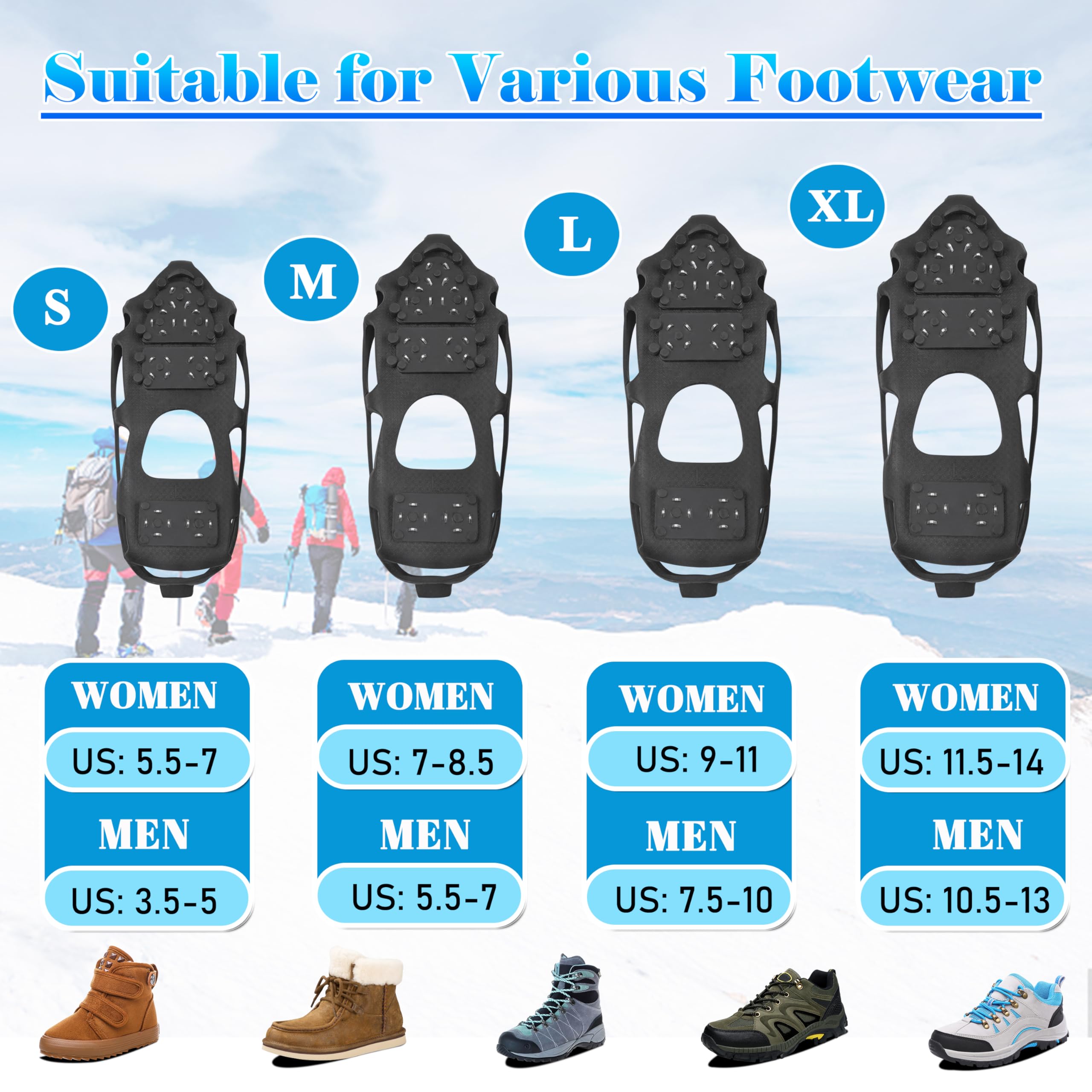 Pattes de traction Ice Snow Crampons antidérapants Chaussures de neige Crampons Marcher sur la neige et la glace Bottes d'hiver Marche Bottes Crampons pour Hommes Femmes Randonnée Jogging (28 crampons