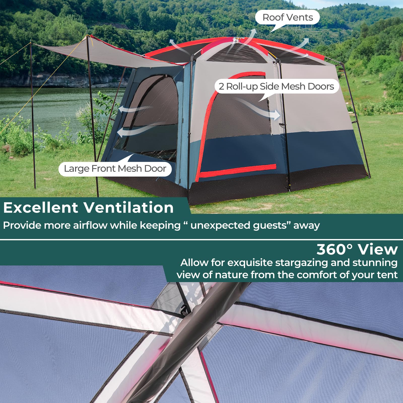 HOMASIS Tente de Camping avec Auvent 4-6 Personnes pour Famille, Tente Tunnel avec 2 Séparateurs de Pièce et 3 Entrées avec Sac de Transport pour randonnée, Facile à Monter