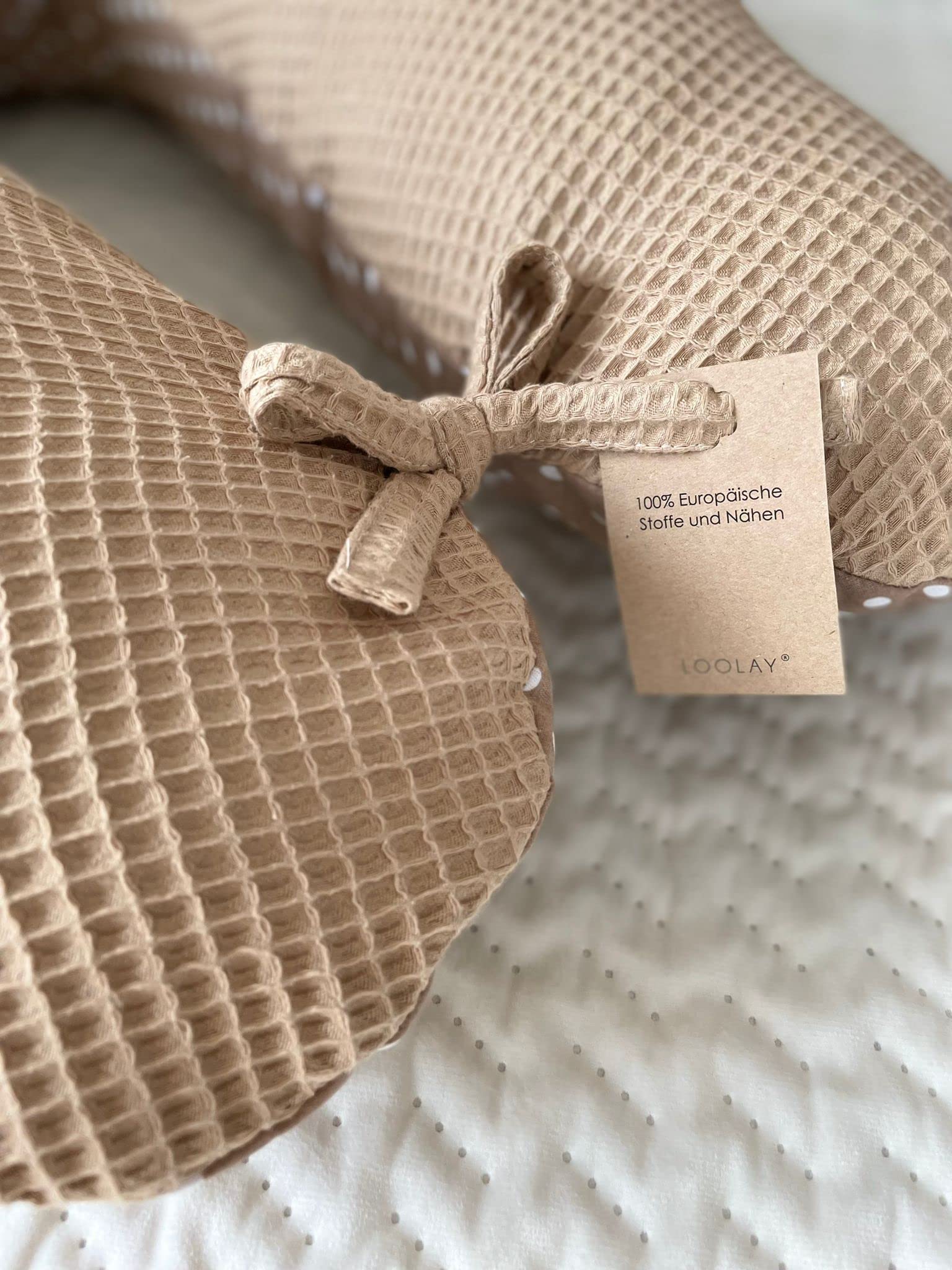 LOOLAY Coussin de grossesse - Coussin d'allaitement - 170 cm - Coussin de positionnement latéral - 100 % coton - Avec housse amovible - Ergonomique - Pour dormir (gaufre, taupe, cappuccino/pois marron