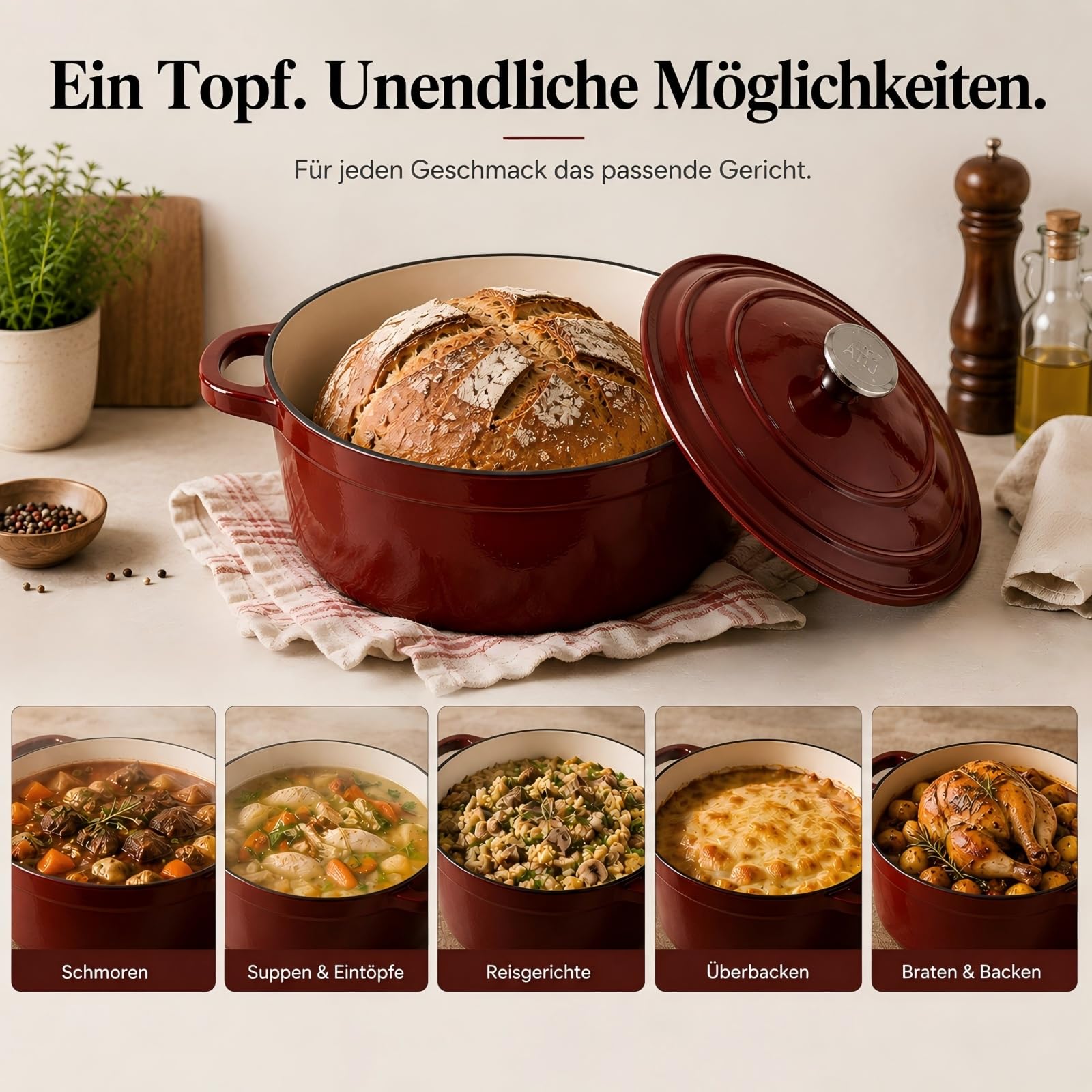 AHJ Topfset Gusseisen Emailliert, 4-teiliges stapelbares Schmortopf Set mit 4,5L Brotbacktopf/Dutch Oven, 2,5L Bräter, 1,2L Grillpfanne und Deckel, antihaftend, backofengeeignet bis 260°C, Rot | Inklusive Brottopf 4,5 L, Bräter 2,5 L, Grillpfanne 1,2 L un