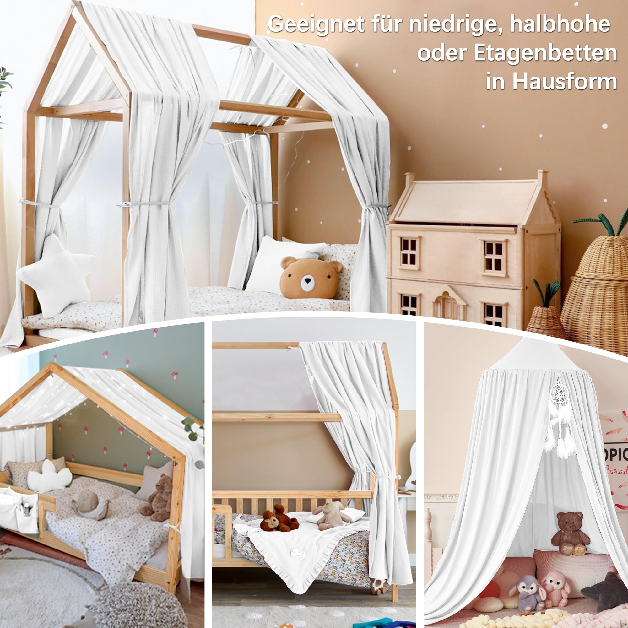 iLuane Hausbett Himmel aus 100% Baumwolle Musselin – Stoffhimmel Deko mit Schleifen – Betthimmel für Hausbett – Vorhang aus Musselin Stoff – Himmel Dekoration in 6 Farben & 4 Größen