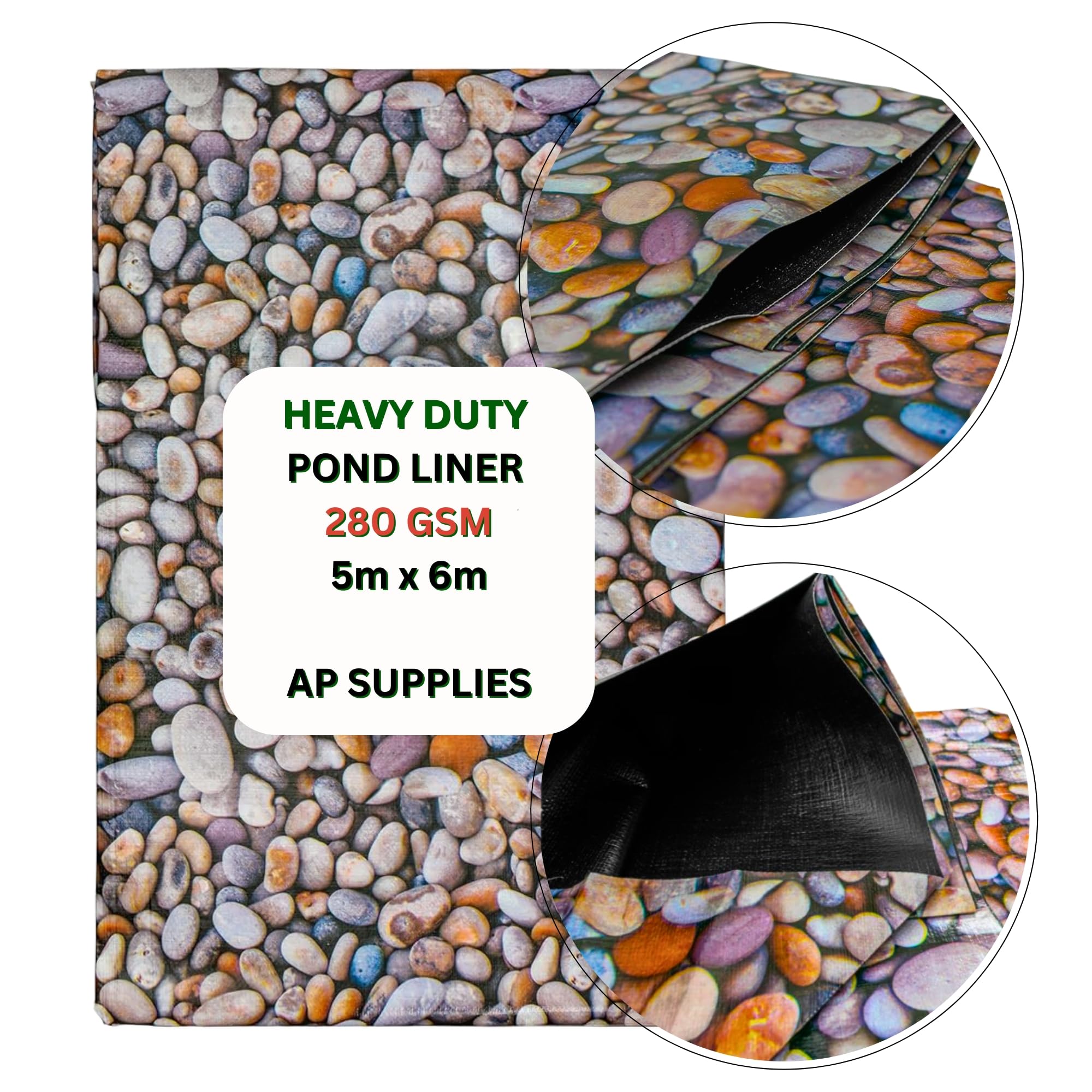 5m x 6m Pebble Design Pond Liner 280g/sqm - Heavy Duty HDPE Material - UV & Tear Resistant, Flexible for Koi & Fish Pools, Water Garden - Ideal for Small to Large Ponds, Wildlife, Underlay