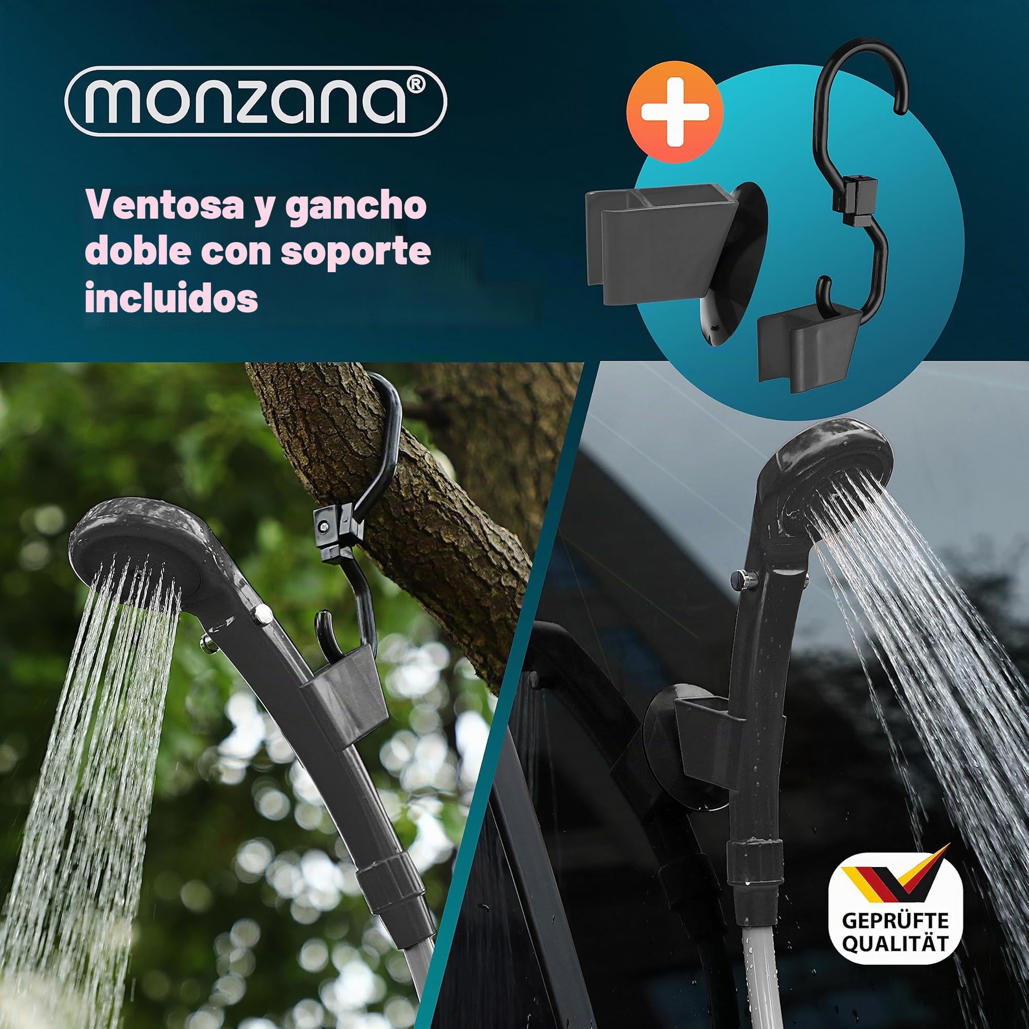 Monzana® Ducha de camping portátil con bomba de 12 V, adaptador de coche, bolsa de almacenamiento, manguera de 2 m, cable de alimentación de 5 m, ducha para perros, ducha de jardín