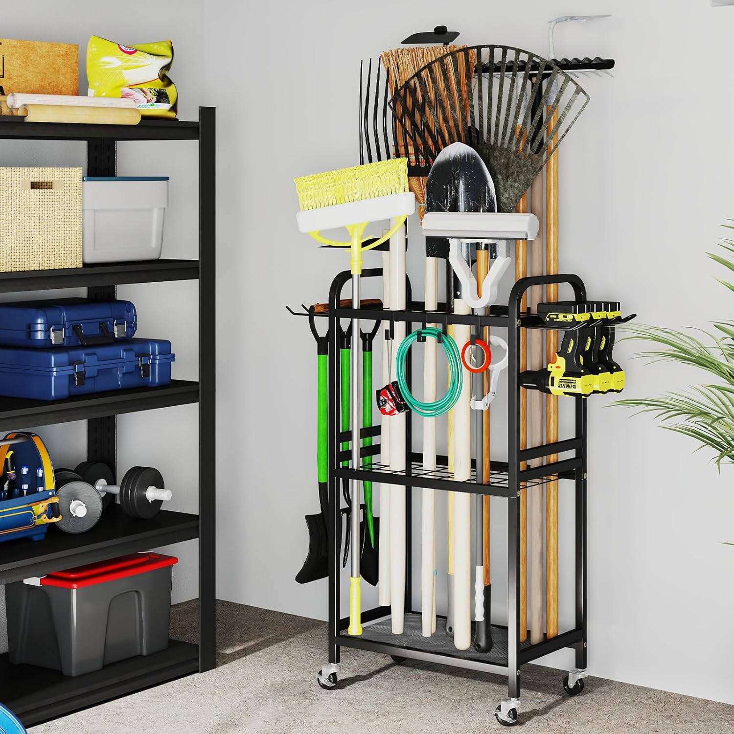 Hadulcet Garden Tool Organizer, Metal Garage Organization and Storage with Lockable Wheels, Garden Tool Rack with Storage Hooks, Heavy Duty Yard Tool Organizer for Garage, Shed, Lawn, Outdoor, Black