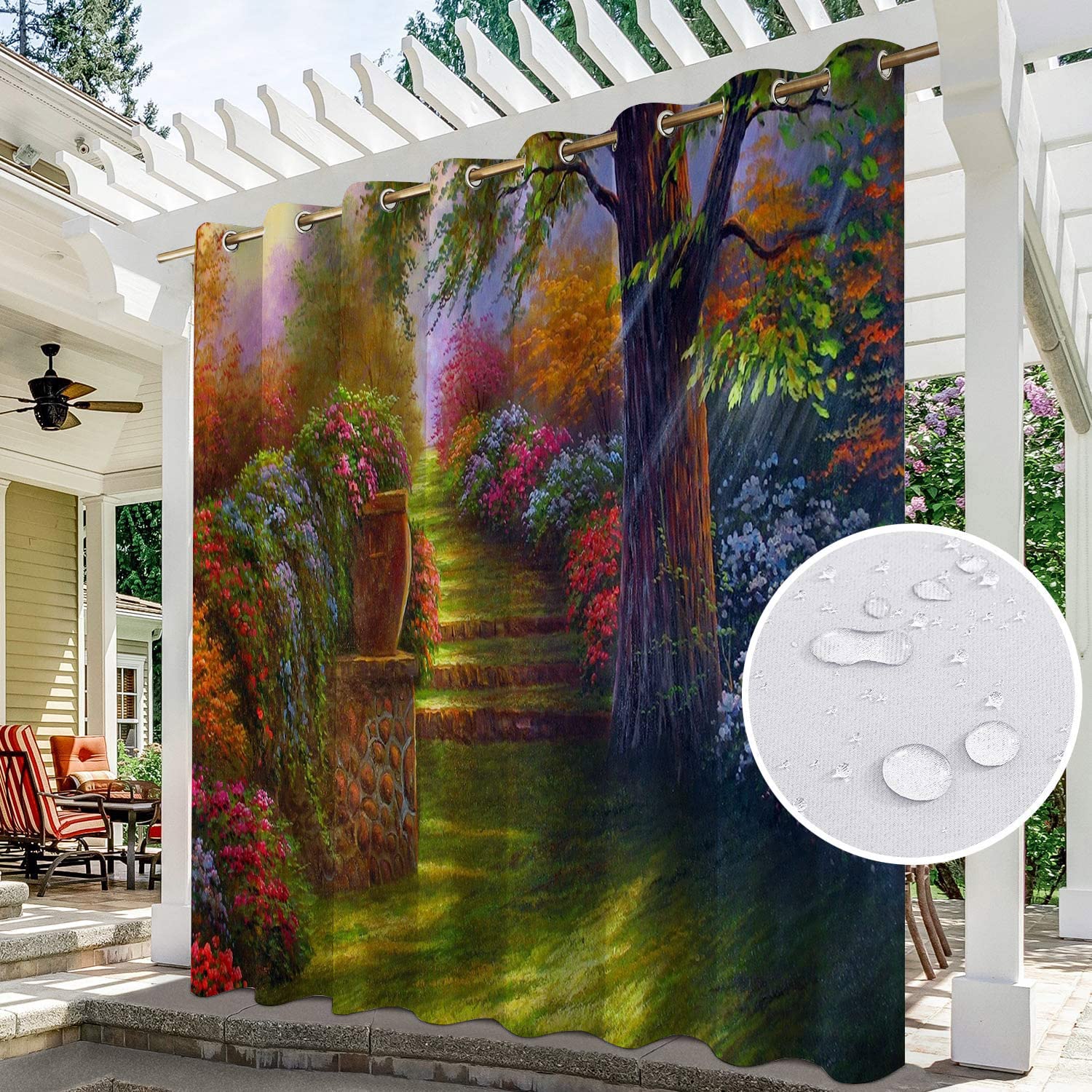 Rideaux imperméables pour jardin, terrasse, extérieur, porche, pergola cabane, tonnelle, auvent à œillets, un panneau (350 cm x 234 cm)