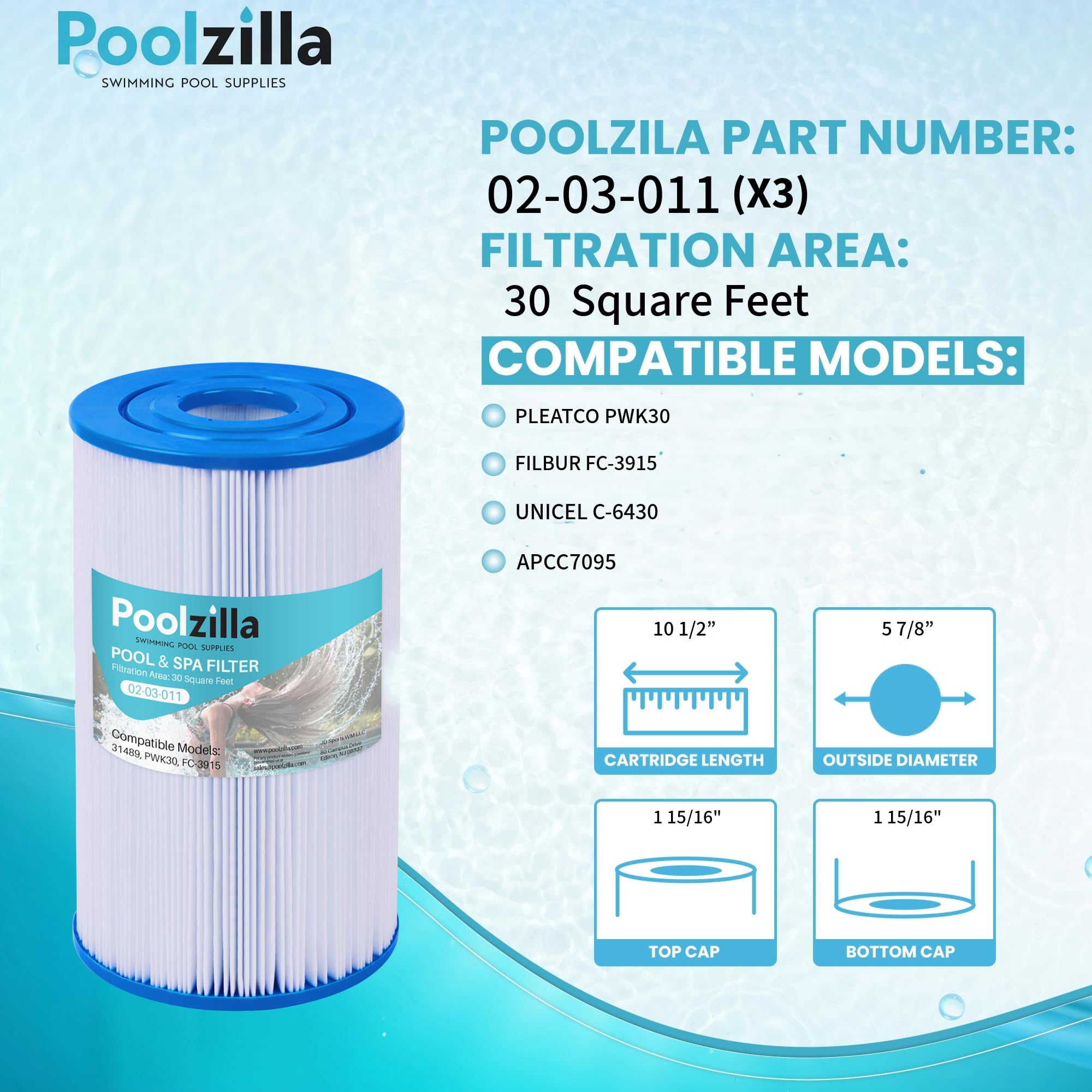 Poolzilla 3-Pack Replacement for Spa Filter C-6430, Pleatco PWK30, Filbur FC-3915, Unicel C-6430, APCC7095, PDC510-AFS, PKW30, SD-01242- Hot Tub Filter Cartridge (L x OD: 10 1/2” x 5 7/8”)