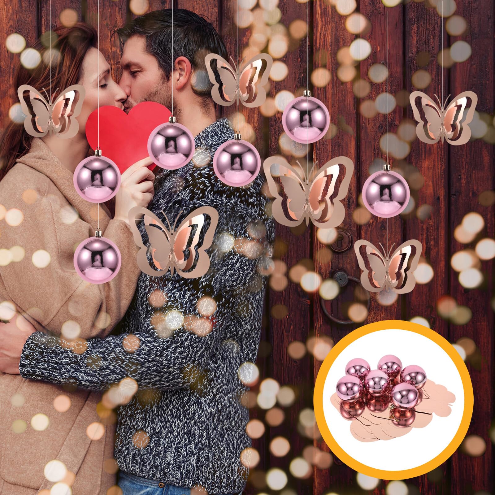 SHINEOFI Set 17 Pezzi Decorazioni Farfalle Pendenti Primaverili Palline Lucide Rosa Oro, Ghirlande Farfalle da Appendere al Soffitto per Atmosfera Romantica Festa degli Innamorati