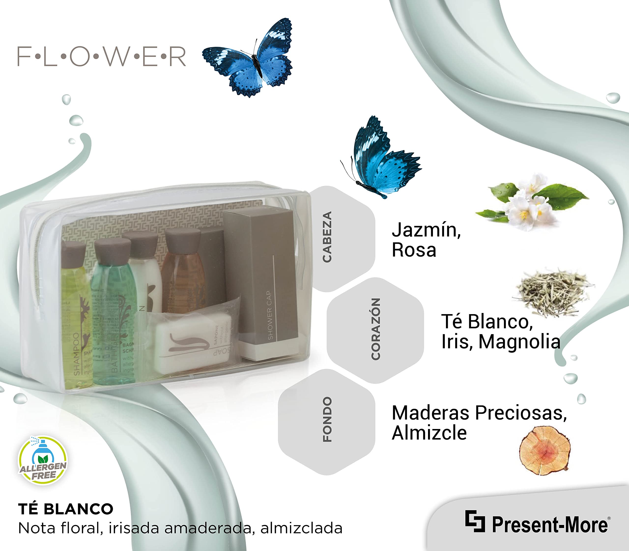 Present-More Amenities baño Flower - Welcome Gift Línea de cortesía huéspedes de Hoteles y B&B | Amenities baño sin alérgenos con aroma a Té