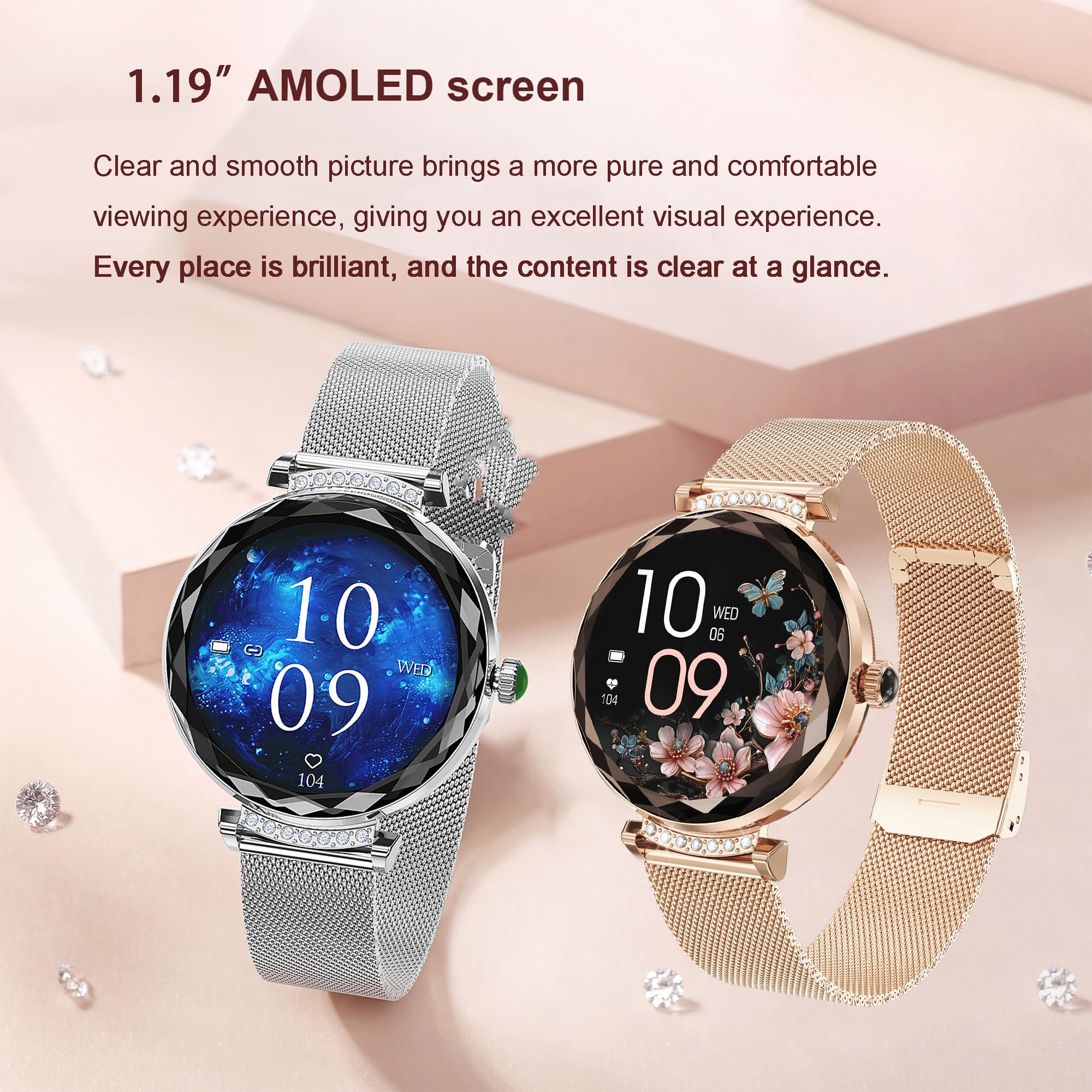 LONGLU Montre Intelligente pour Femmes avec Appel téléphonique Bluetooth pour iPhone et téléphones Android Tracker de Fitness Multi-Sport avec réponse/appels imperméable (Argenté)