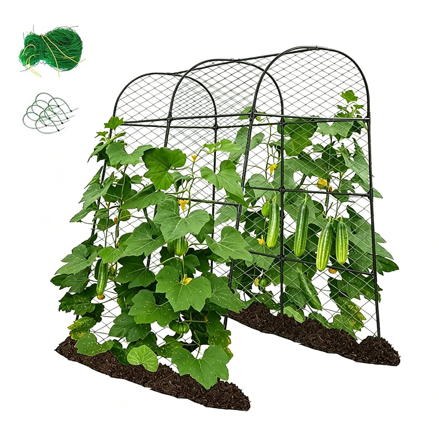 Treillis pour Concombres et Tomates 124 x 220 cm, Support pour Plantes Grimpantes avec Filet et Pinces, Tuteur en Métal Extérieur pour Légumes, Fleurs et Plantes Fruitières