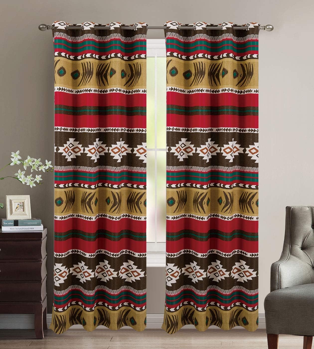 Rugs 4 Less Mojave Rustic Western Southwest Native American Grommet Thermal Insulation Window Treatment Curtain Set in Brown Beige Green Deep Red Burgundy – Mojave Curtain Set (Thermal)