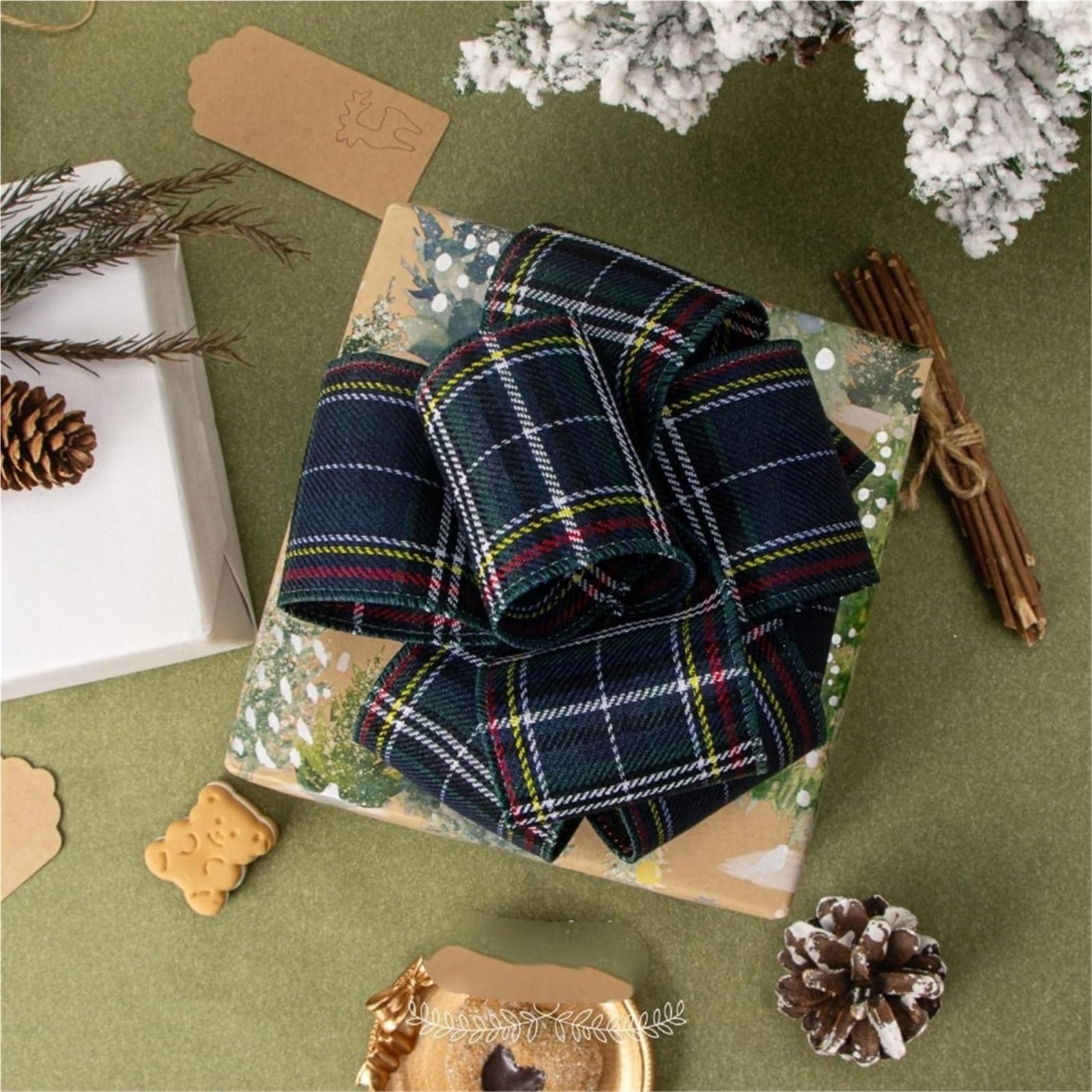 Cinta de alambre de cuadros navideños, 2.5 pulgadas x 10 yardas cinta verde para envolver regalos, grandes lazos y coronas