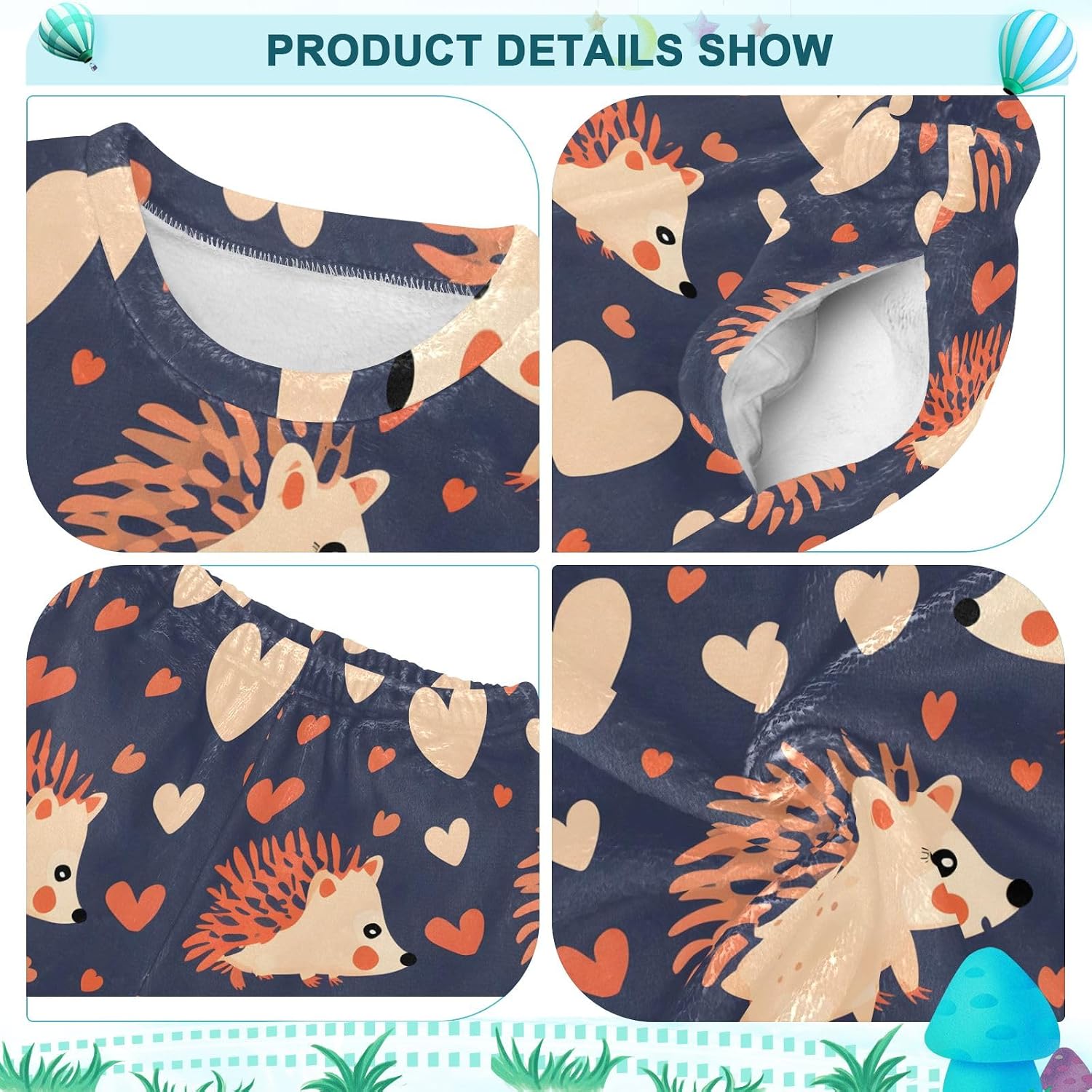 Kids Flannel Sets Hedgehog and Love Warm Plush Relaxed Clothing for Boys and Girls