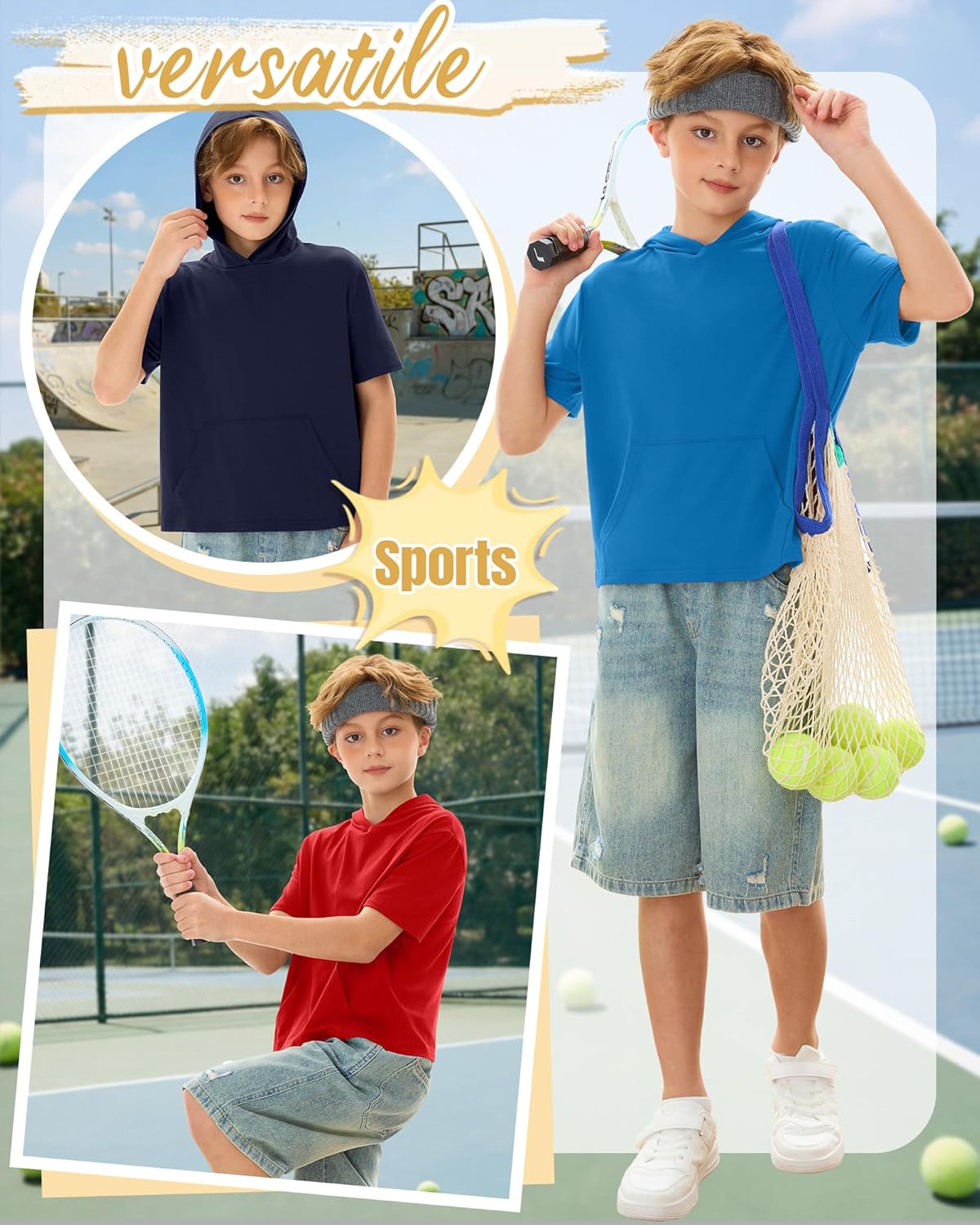 Halfchet 3 Pack Boys Short Sleeve Hoodies Kids Loose Lightweight Sweatshirts Casual Active Athletic Pullovers with Pocket