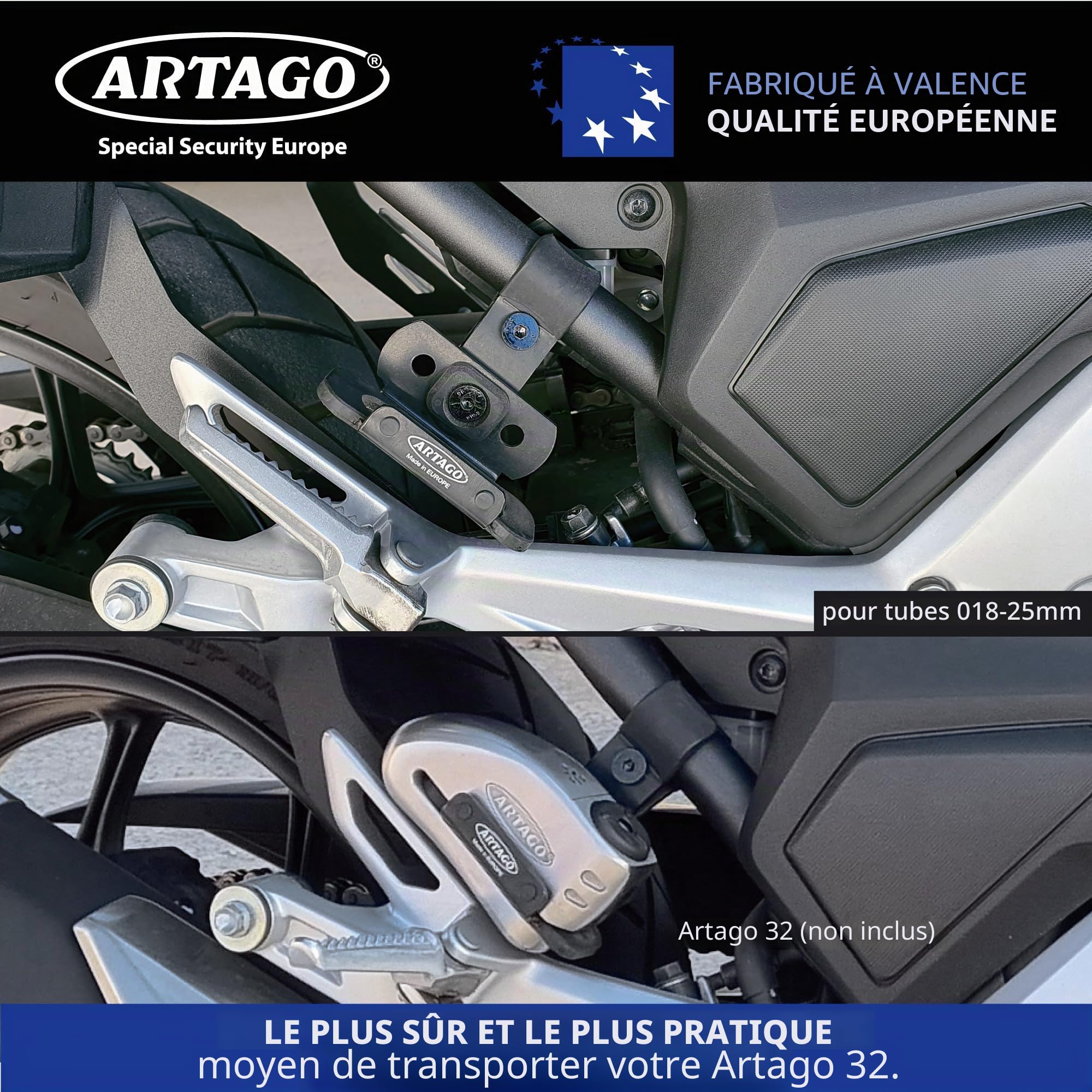 ARTAGO K202 Support de Transport pour Antivol de Disque ARTAGO 32 | Tubes de 18 à 25 mm ou Vis de Moto | Acier Noir avec Silentblocs Antivibrations | Accessoire Moto