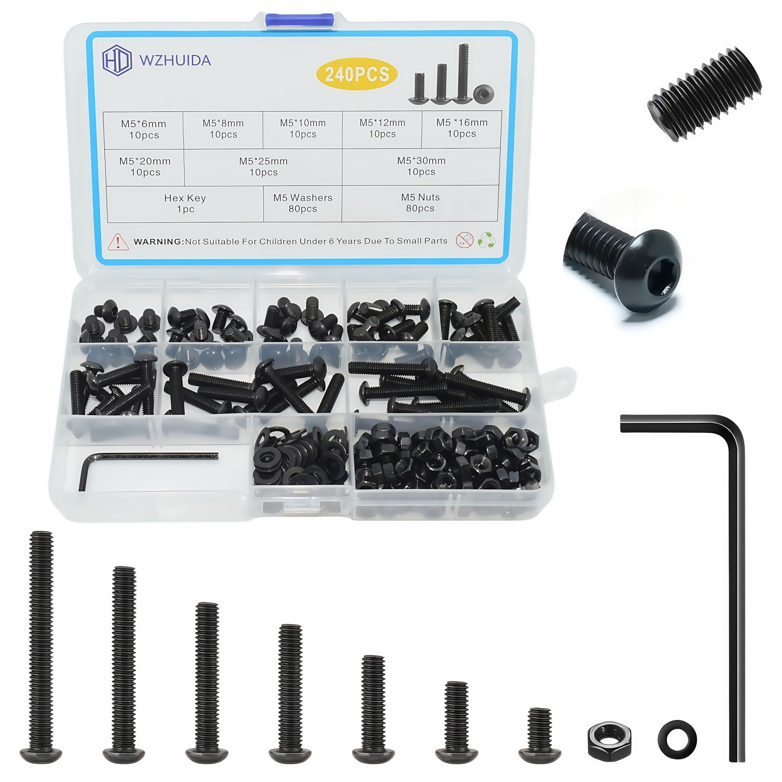WZHUIDA 240 Pcs M5 Screws Assortment Kit, M5x6mm/8mm/10mm/12mm/16mm/20mm/25mm/30mm, Metric Hex Button Head Socket Cap Screws Nuts Washers Kit with