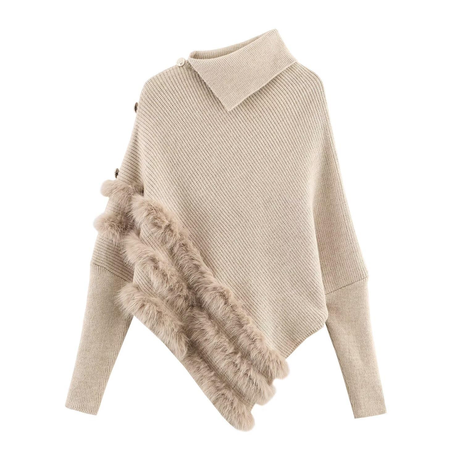Womens Pullover Sweater High Neck Shoulder Button Irregular Hem Long Sleeves-image-6