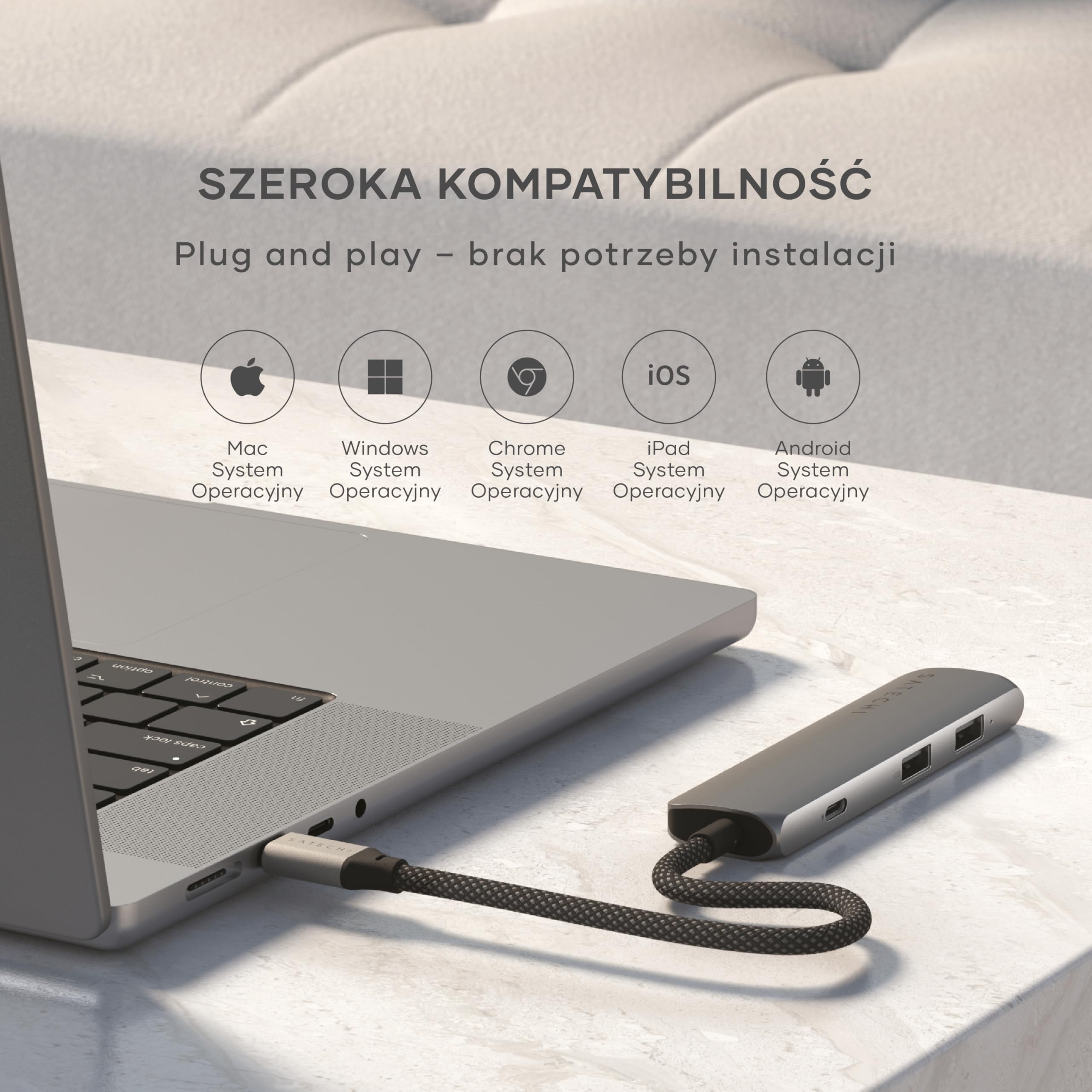 SATECHI hub USB-C Slim Plus 4 w 1, gwiezdna szarość | PD 100 W, HDMI 4K@60 Hz i 2 porty USB-A 10 Gb/s do MacBooka Air/Pro/Neo; zgodność z komputerami z Windows