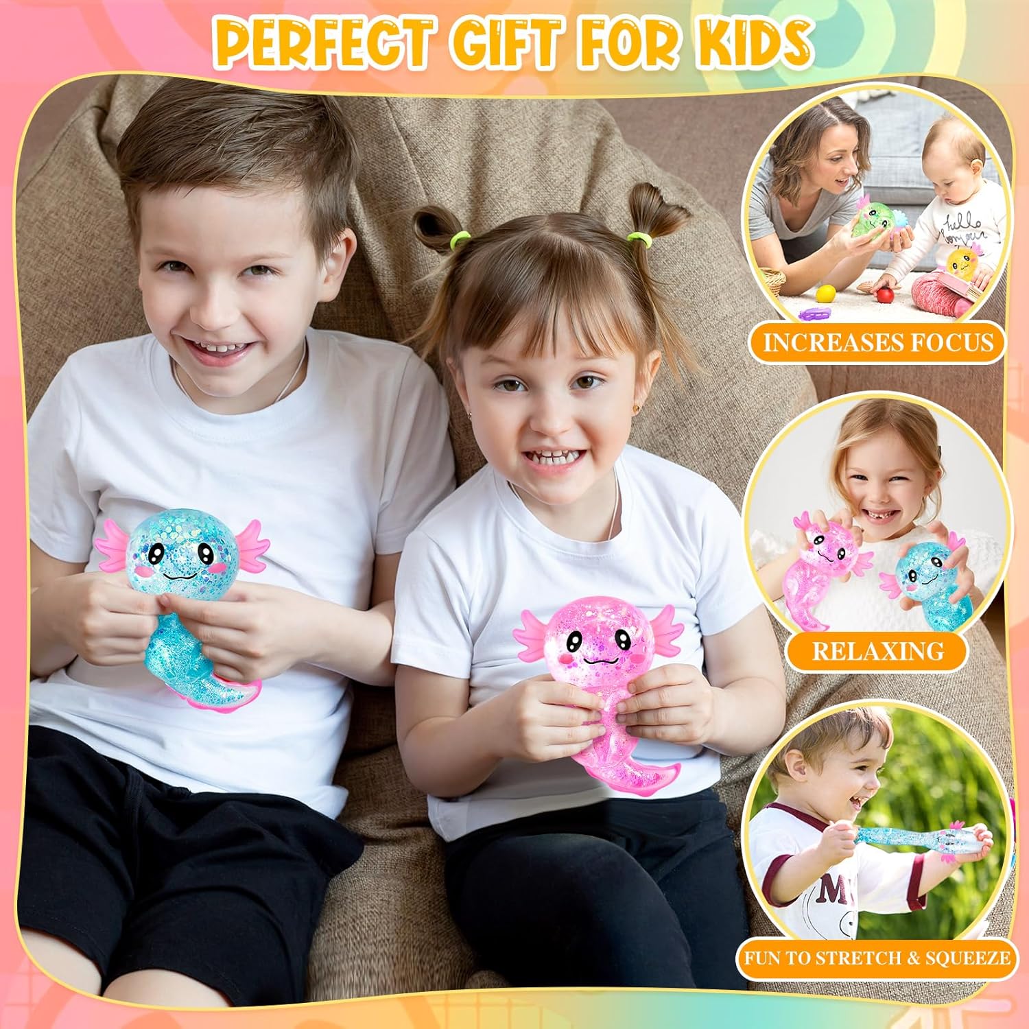 8PCS Glitter Stress Relief Axolotl Toy Cute Malt Sugar Filled Sensory Fidget Toy for Kids Adults Soothing Birthday Party Favors Gift (4 Colors)