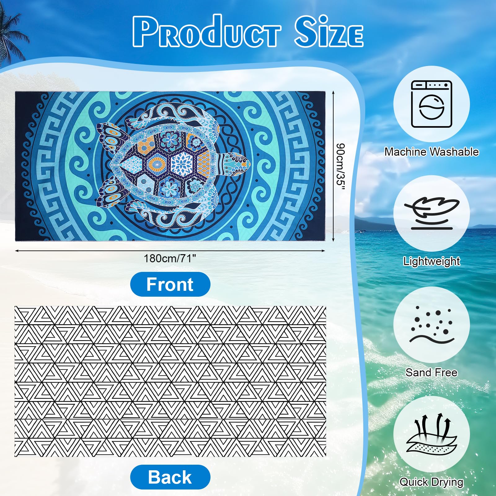 Zocipro Ręcznik plażowy z mikrofibry XXL 180 x 90 cm - odporny na piasek, szybkoschnący, lekki i przenośny, do uprawiania sportu, podróży, jogi, kempingu, plaży, na siłownię