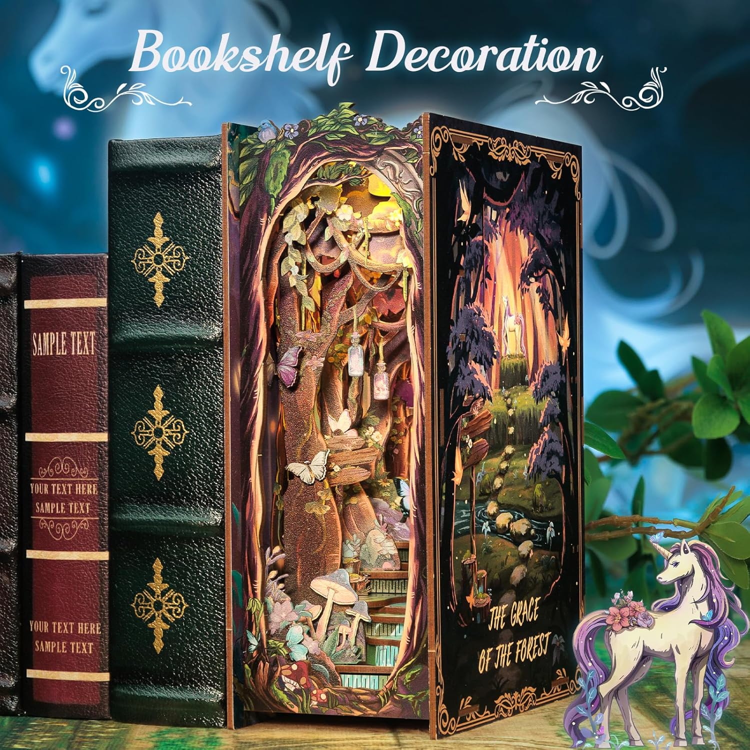 Cutefun Book Nook Kit - DIY Miniature Dollhouse Kit for Adults and Teens, 3D Wooden Puzzle Bookends, Bookshelf Insert Decor w/LED Light Dust Cover, Christmas Birthday Gifts (Forest Unicorn)