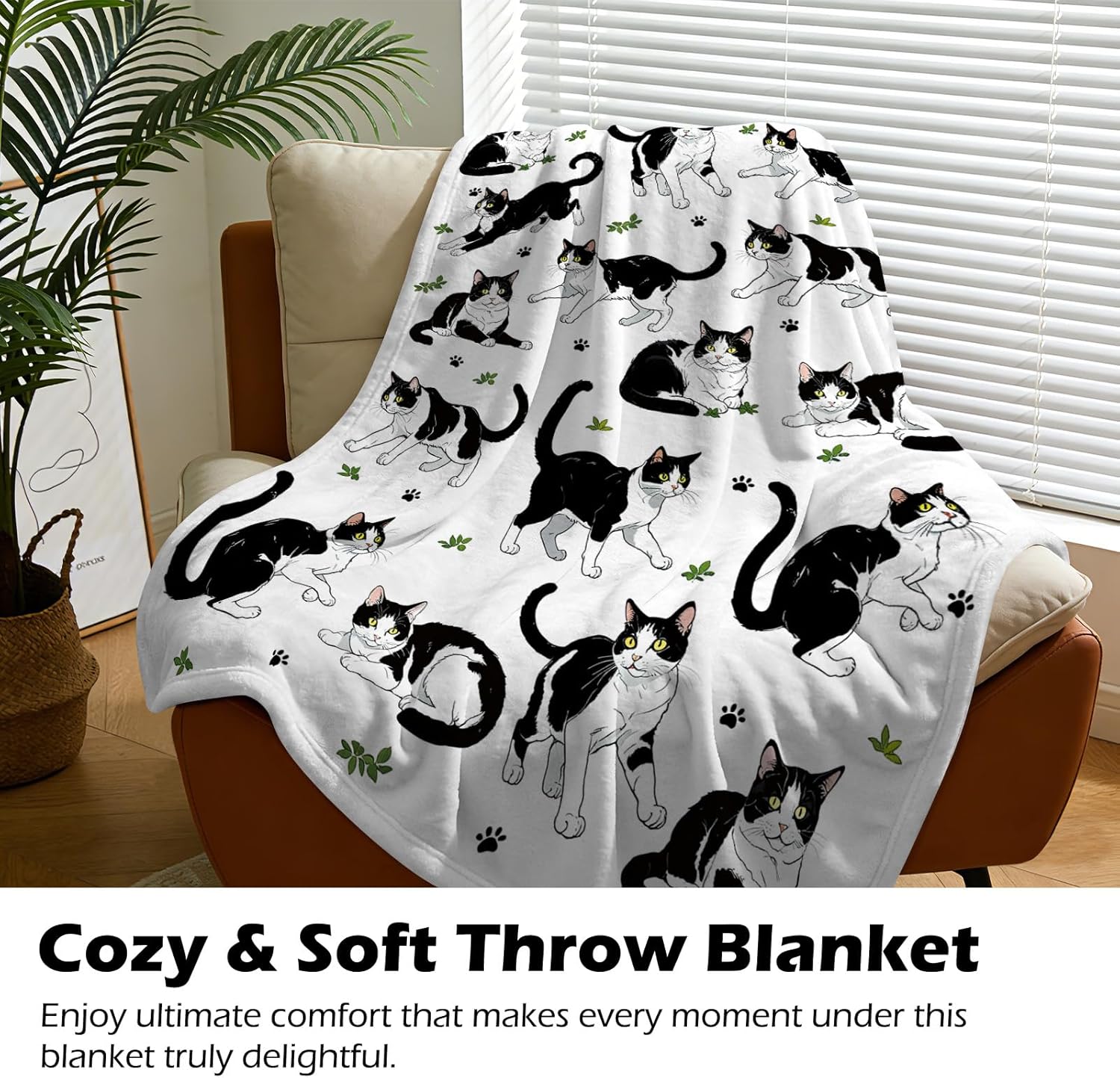 Cat Lover Gifts for Women Men - 50x60 Inch Black and White Cats Throw Blanket, Super Soft Flannel Fleece Cozy Blanket for Couch, Black Cat Themed Gifts for Adults, Cats Mom Dad Present