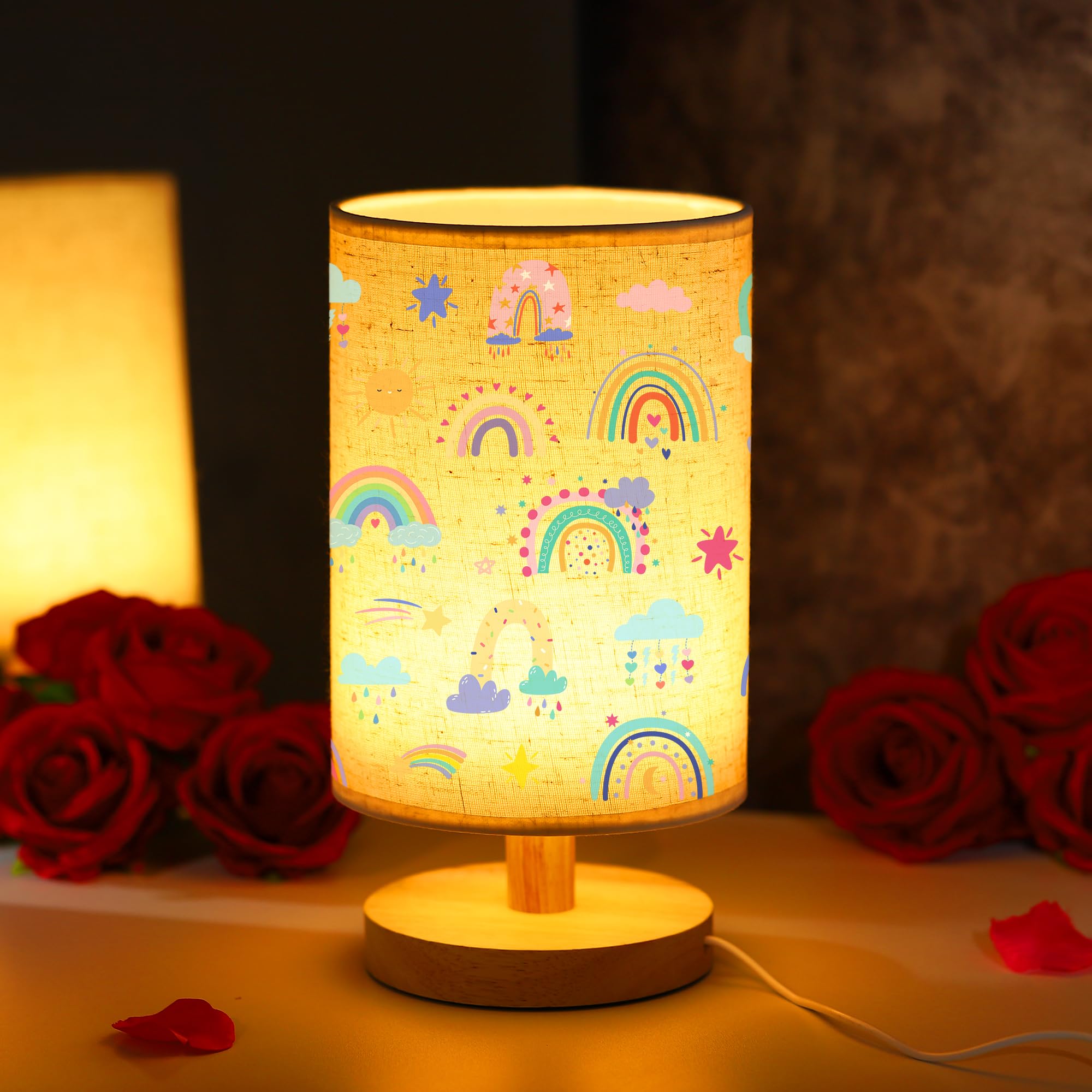 TURMTF Rainbow Table Lamp - USB Powered Wood Base Night Light, Boho Home Decor for Bedroom/Living Room, Gift for Women on Birthday/Christmas, Linen Shade(Rainbow Star)