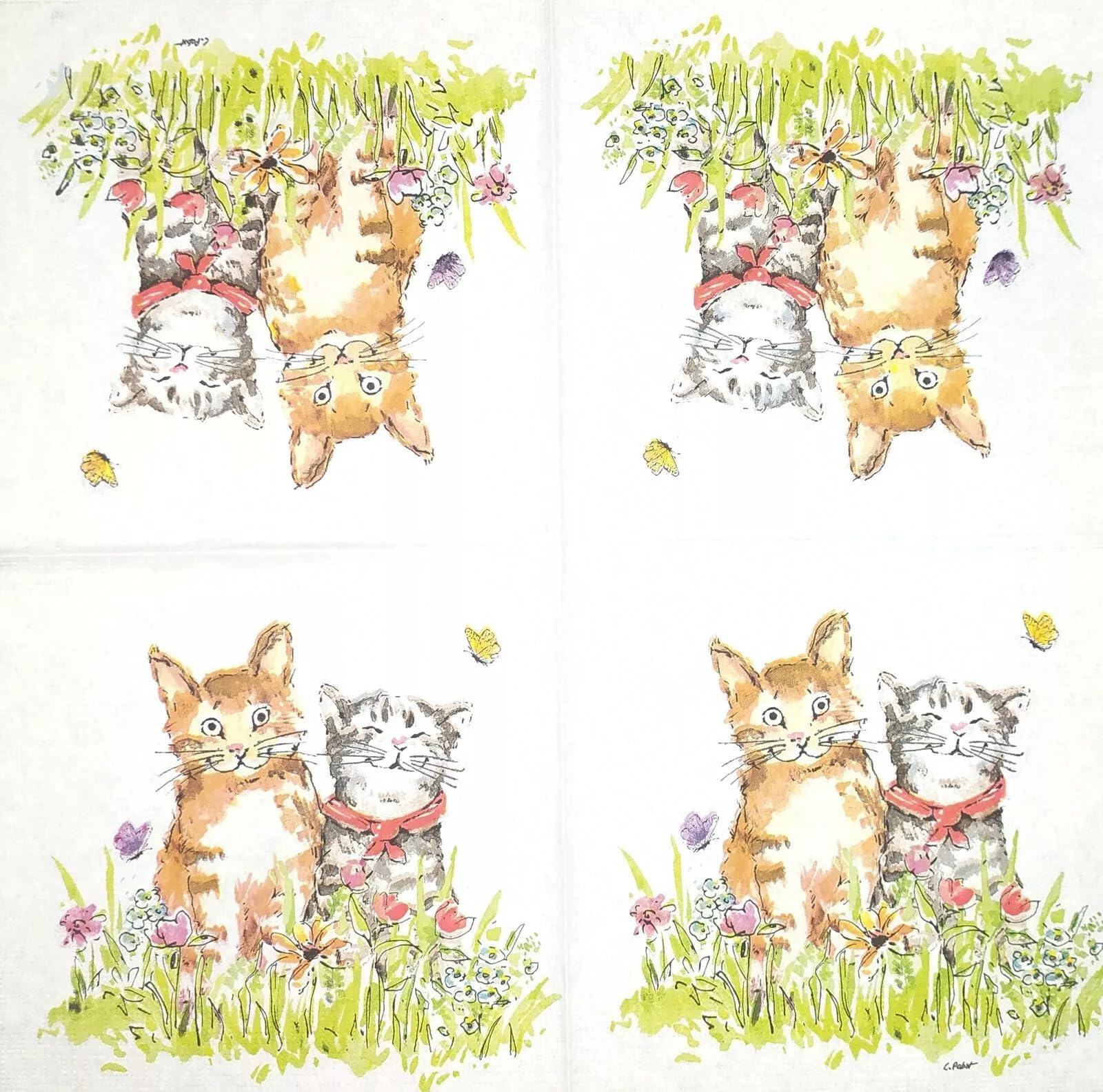 Set of 2 Individual Decoupage Paper Party Napkin Happy Kittens Cats Watercolor Decor Luncheon Napkins for a Birthday Holiday, Wedding, Cocktail Party