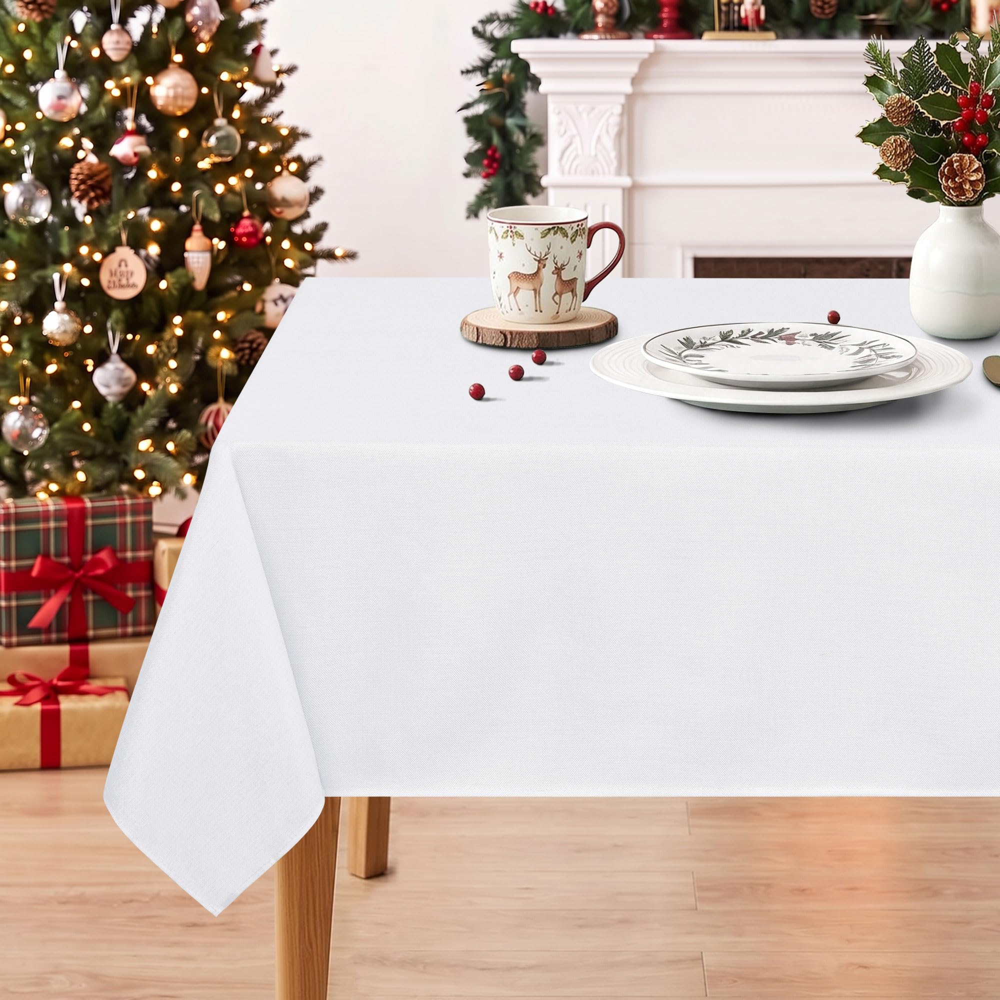 DWCN White Faux Linen Table Cloth 140x180cm(55x71in) Water Resistant Rectangular Tablecloth Wipe Clean Stain-Resistant Polyester Table Cover for Dining Room, Garden, Cafe, Party