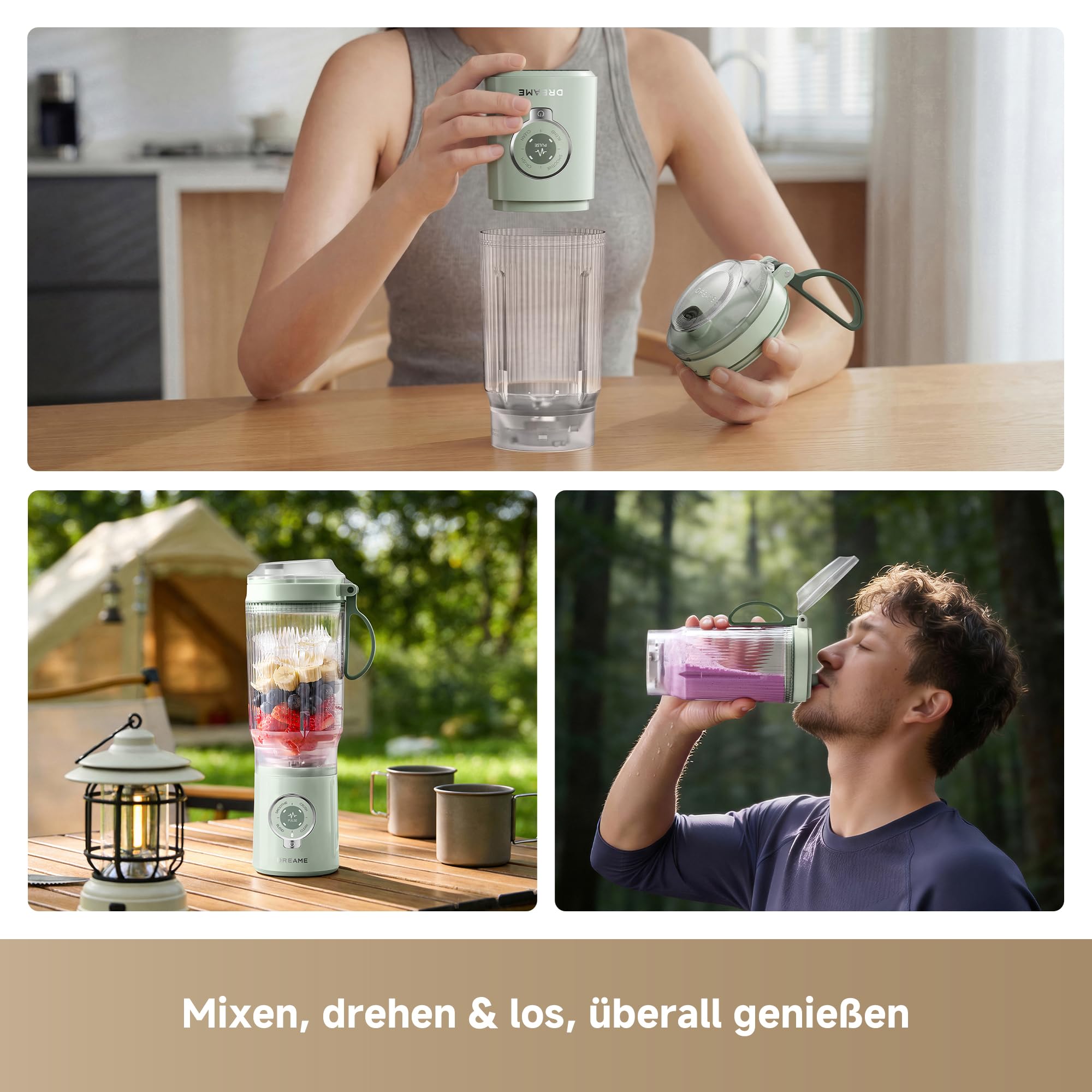 DREAME PortFresh Tragbarer Mixer,Abnehmbares Motorgehäuse, Schnellladen, 880 ml BPA-freier Mixbecher (500 ml Mixkapazität), 5 voreingestellte Funktionen, Selbstreinigungsmodus,Spülmaschinenfest,Grün
