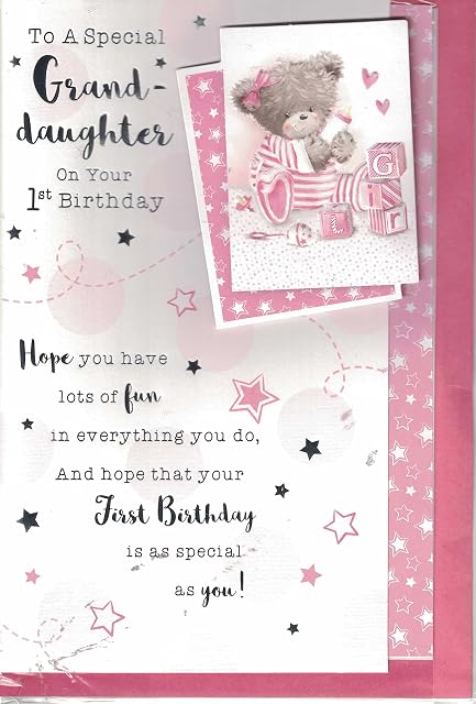 Prelude Granddaughter 1st Birthday Card ~ for A Special Granddaughter on Your 1st Birthday ~ Cute Bear & Balloons Medium Card Size 23cm x 16cm