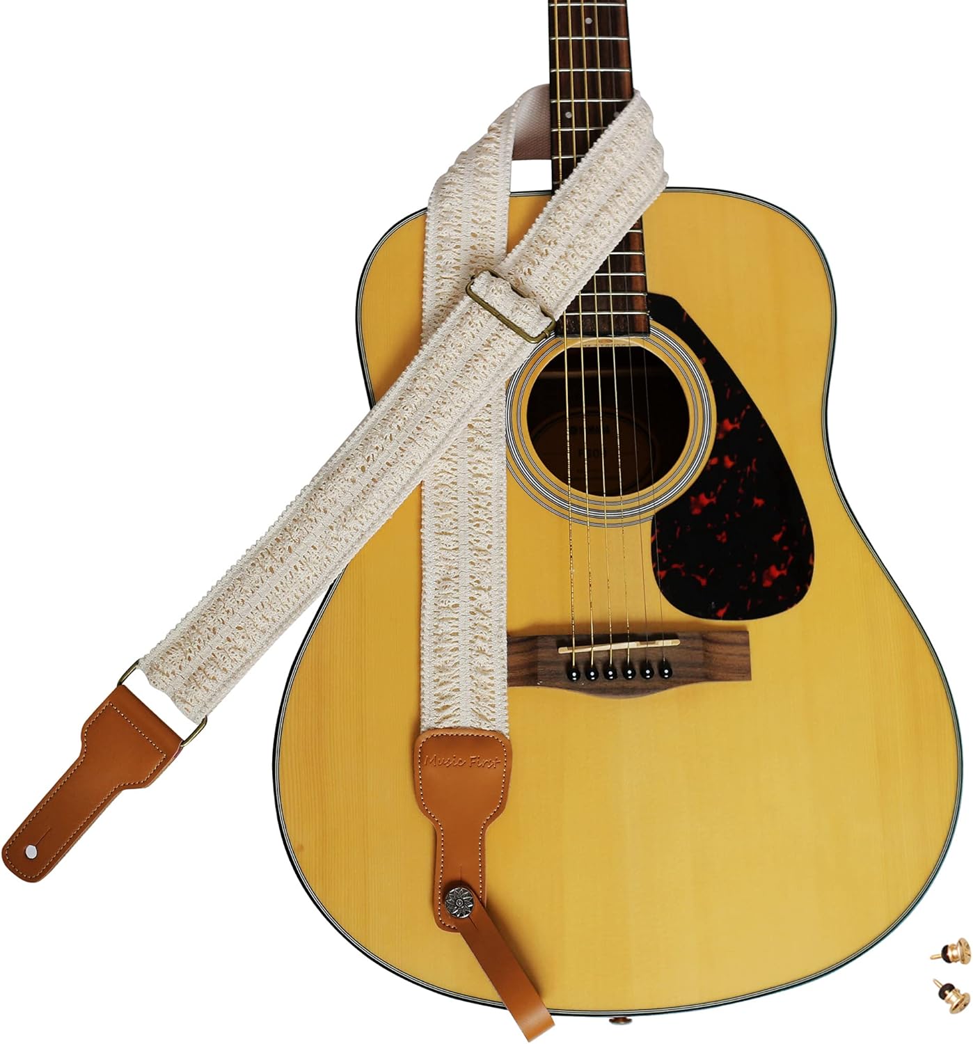 MUSIC FIRST Original Design, 2 inch width (5cm), Cream Graceful & Vintage Lace Soft Lace & Genuine Leather Delux Guitar Strap, Electric Guitar Strap (Cream)