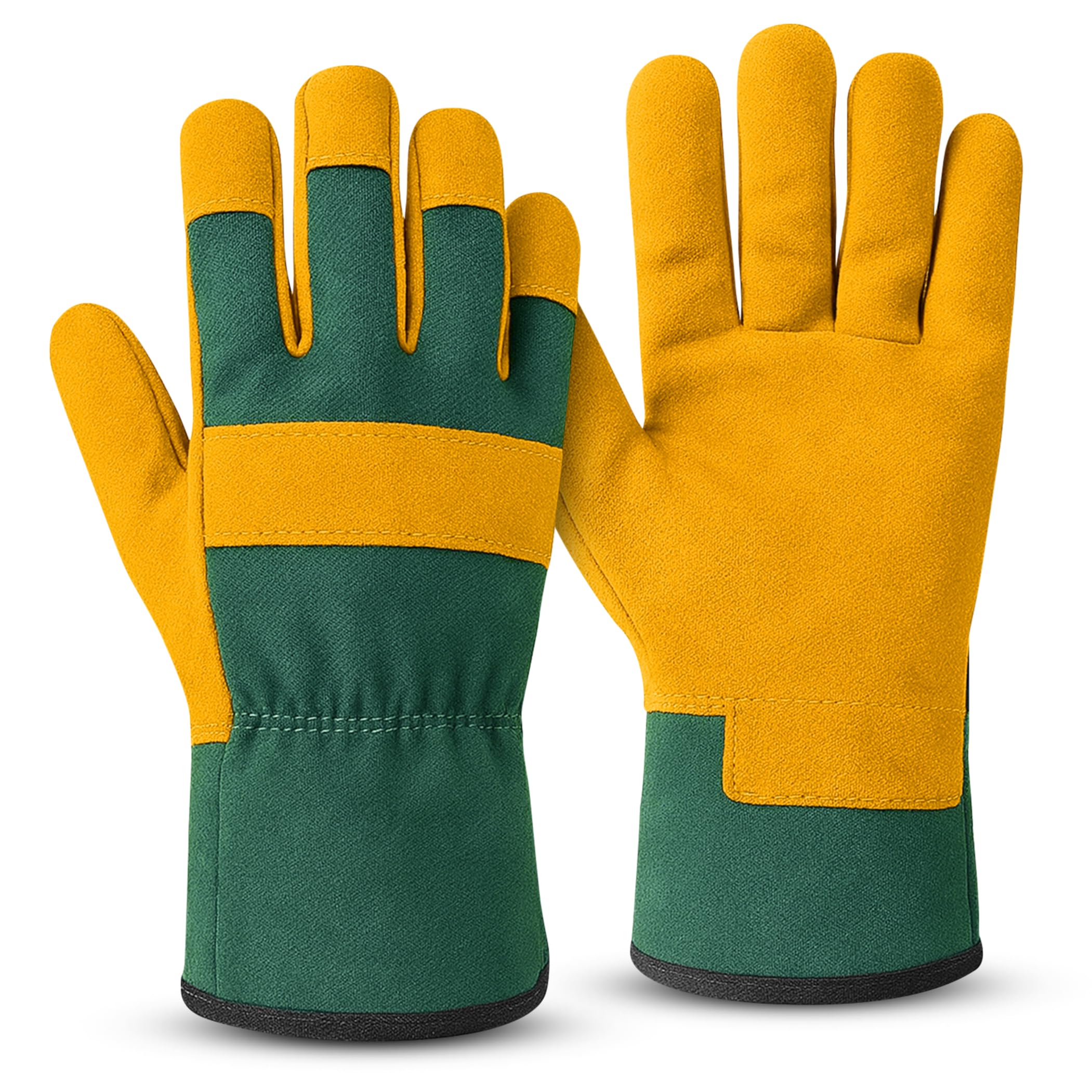 KEPLIN Gardening Gloves Pair for Men & Women – Premium Cowhide Leather and Fabric, Thorn & Puncture Resistant, Breathable & Durable Work Gloves for Gardening, Farming & DIY – Medium 25cm, Yellow&Green