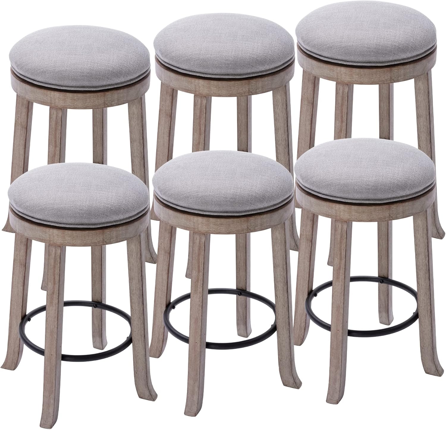 Farmhouse Linen Round Bar Stools Set of 6, 360° Swivel 25.6