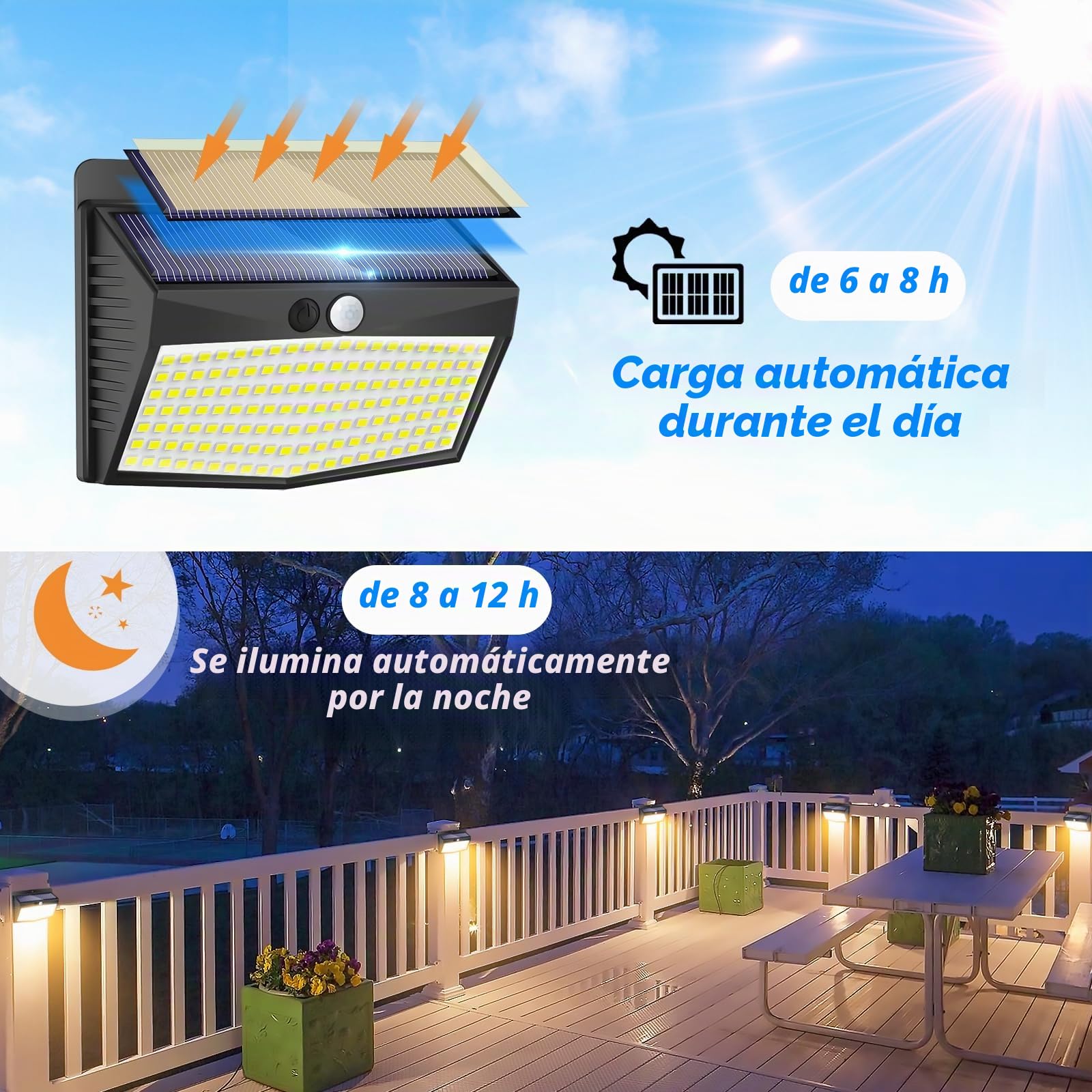 Peasur Luz Solar Exterior【8 Paquete/138 LED/3 Modos】 Luces LED Blanco Cálido IP65 Impermeable Focos Solares para Jardín, Farolas Potentes para Patio, Garaje