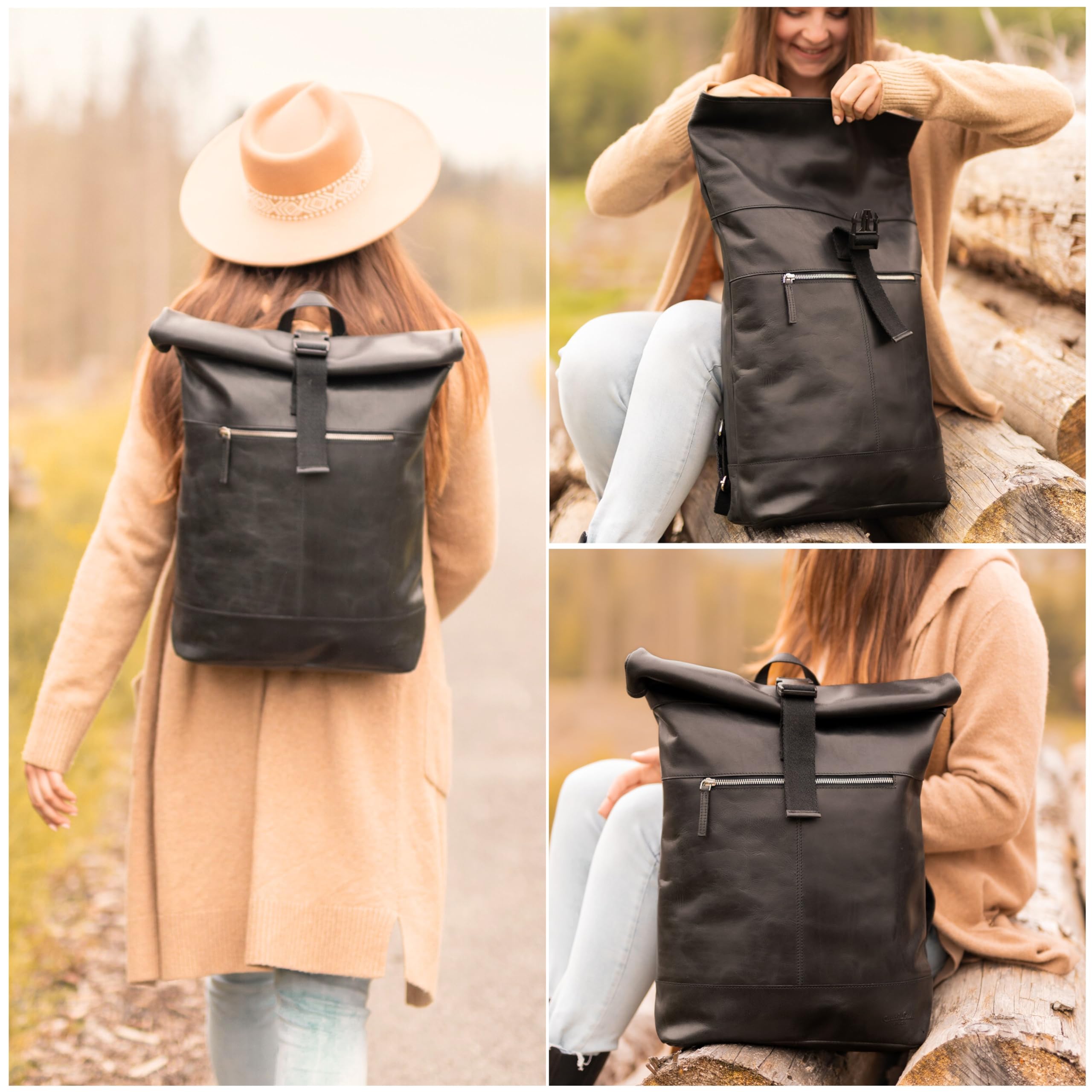 Gusti Leder Mattis Rolltop Rucksack Schwarz – Lederrucksack Herren Damen, Echtleder Vintage Backpack, Großes Fassungsvermögen, Laptop Rucksack