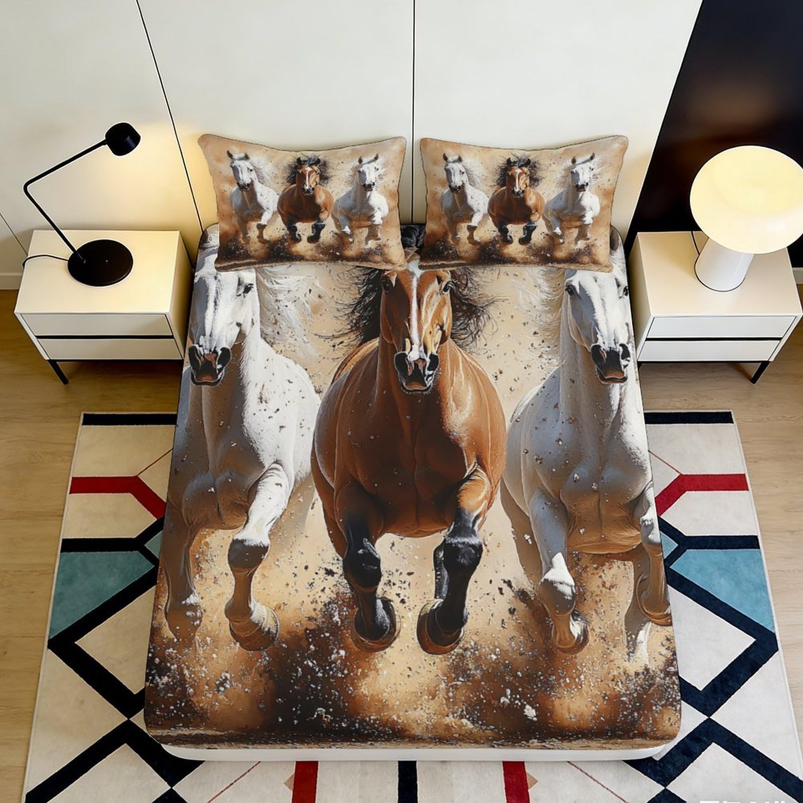 3D Printed Galloping Horse Fitted Sheet Microfiber Soft Breathable Wild Stallion Bed Cover for Bedroom Dorm Mattress Protection Decor 160x200x25cm
