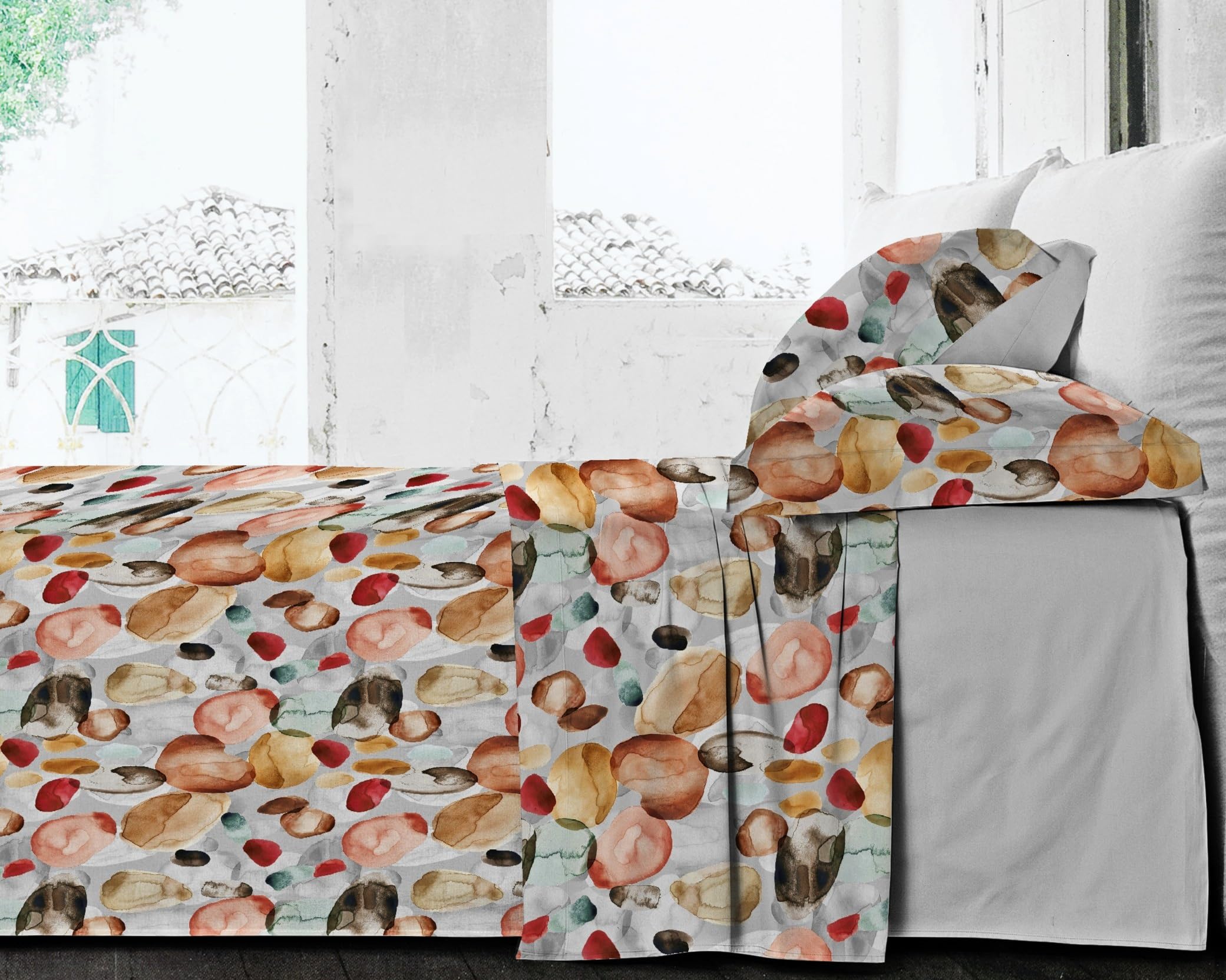 Riad Arredo Juego de sábanas para cama de matrimonio, 100% algodón, percal con impresión digital, juego de sábanas de alta calidad con volante efecto colcha muy suave, artesanal, fabricado en Italia